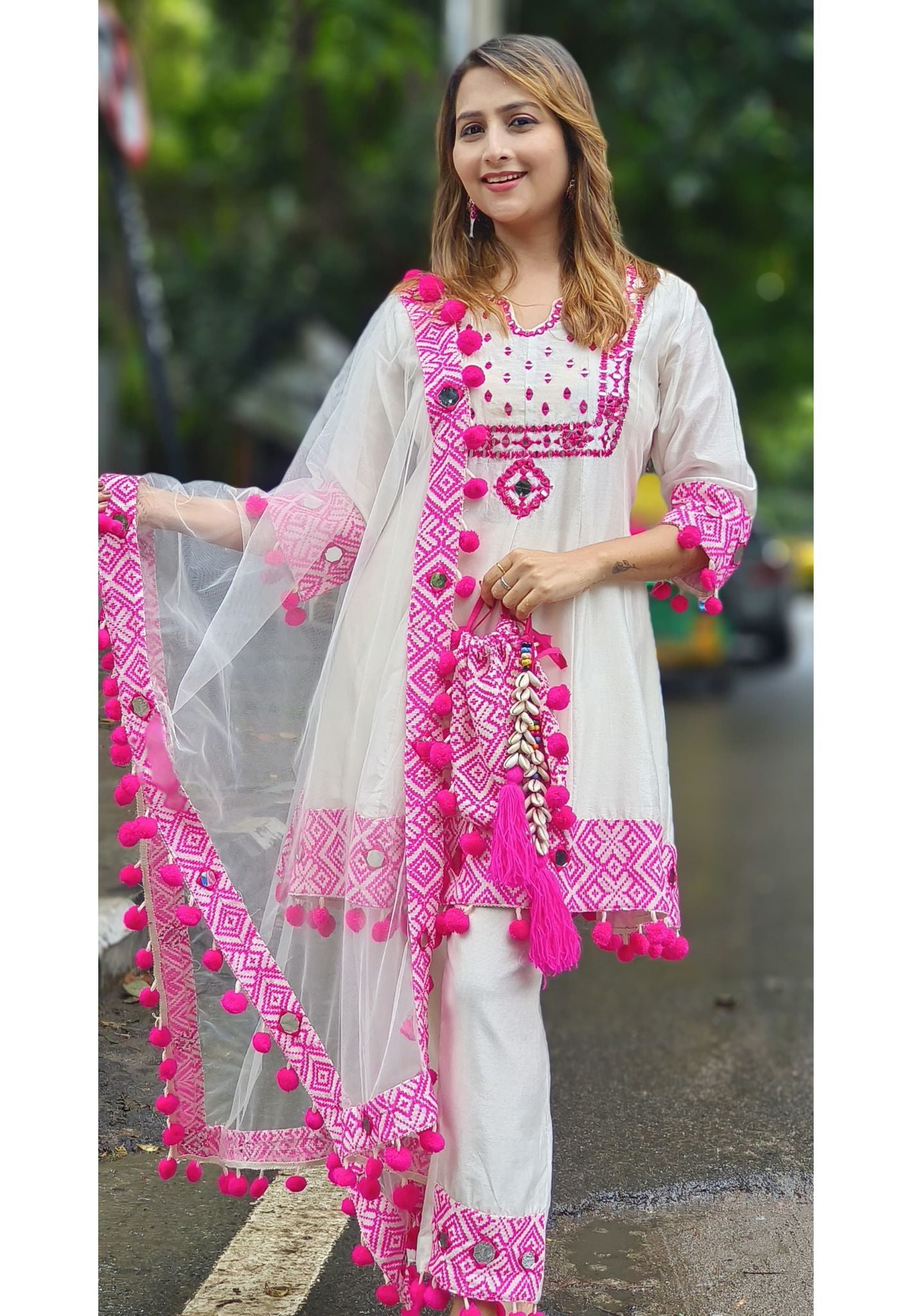 Neon Colour Real Mirror Thread Embroidery Peplum Kurta With Pant Mirror PomPom netted Dupatta with potali   -06056