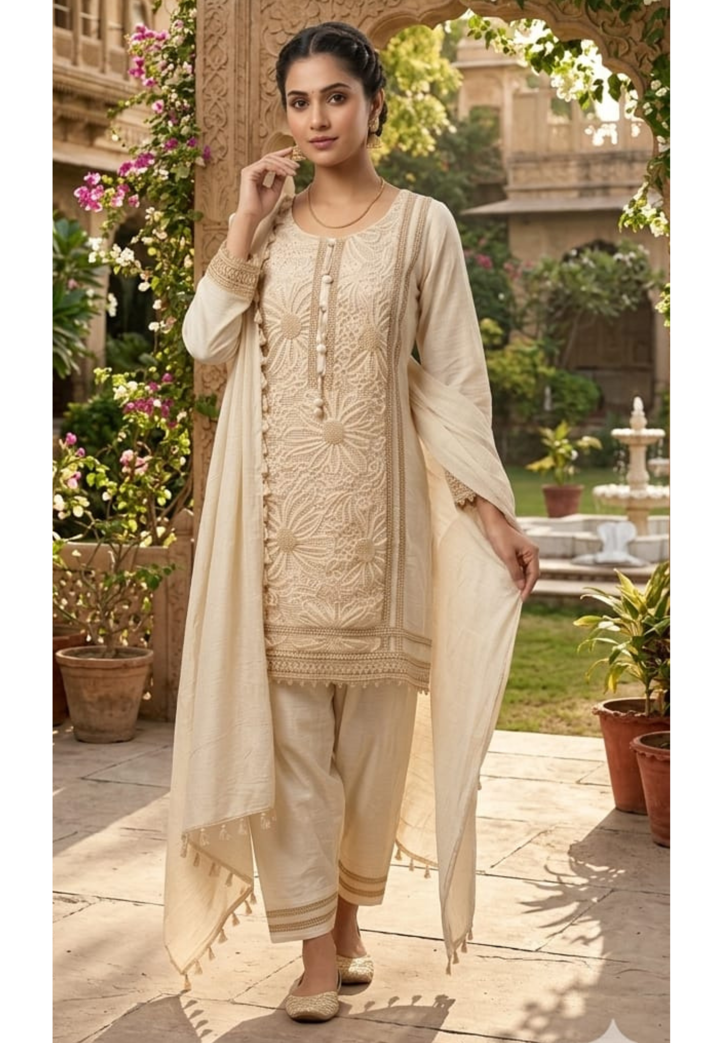 Ivory Floral Cutwork Embroidered 3-Piece Full Suit Set with Seashell Accents -14899