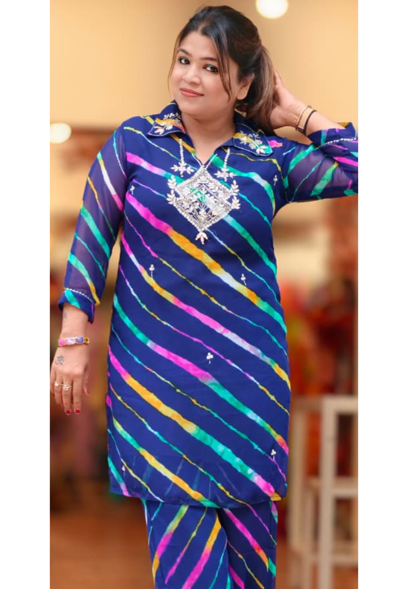 Gotta Elegance Higlighted Bold Lehriya Prints Georgette Co-Ord Set- 15673