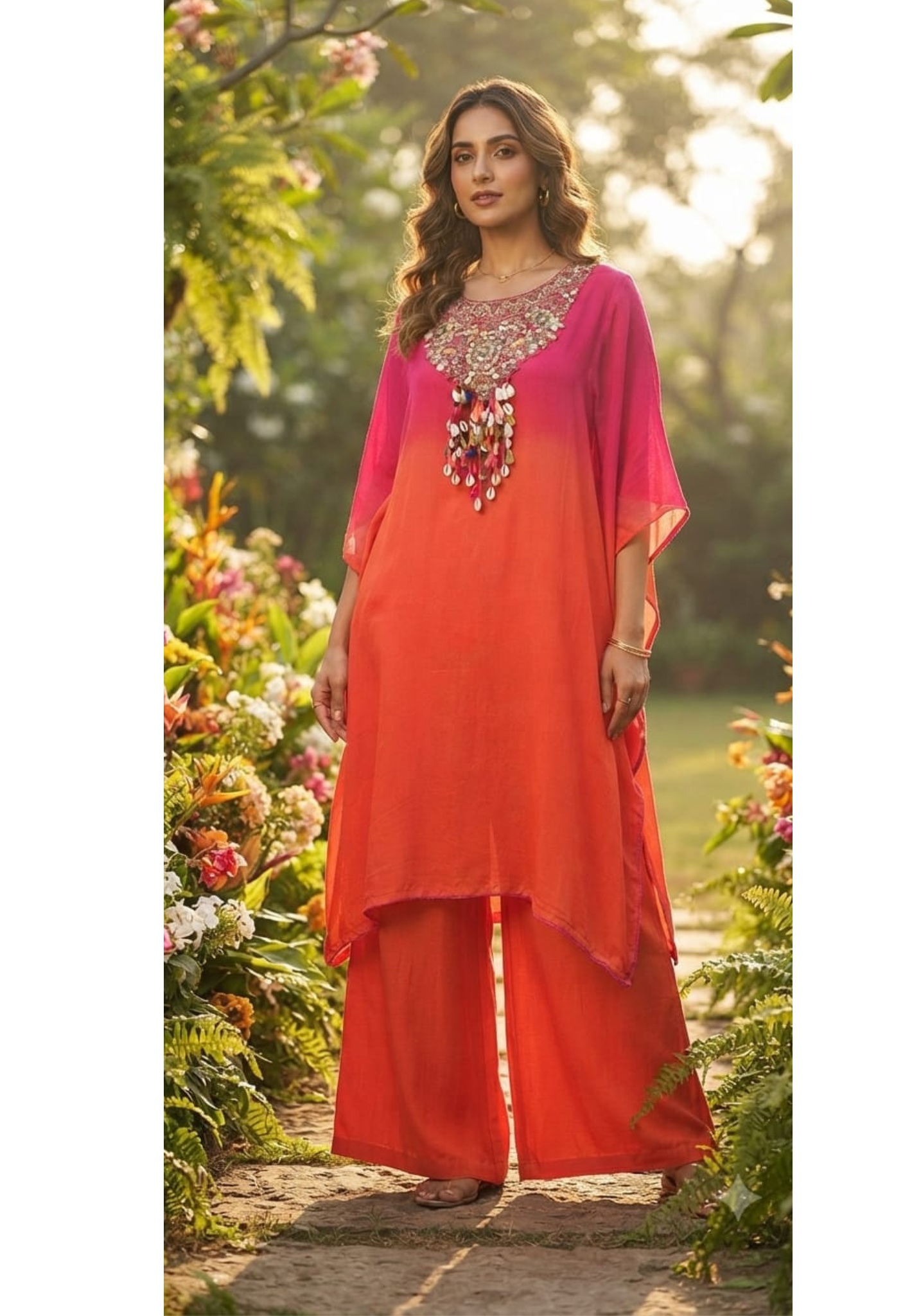 Ombre Pink and Orange Kaftan Kurta Pant Set with Cowrie Shell and Tassel Embellishments- 13261