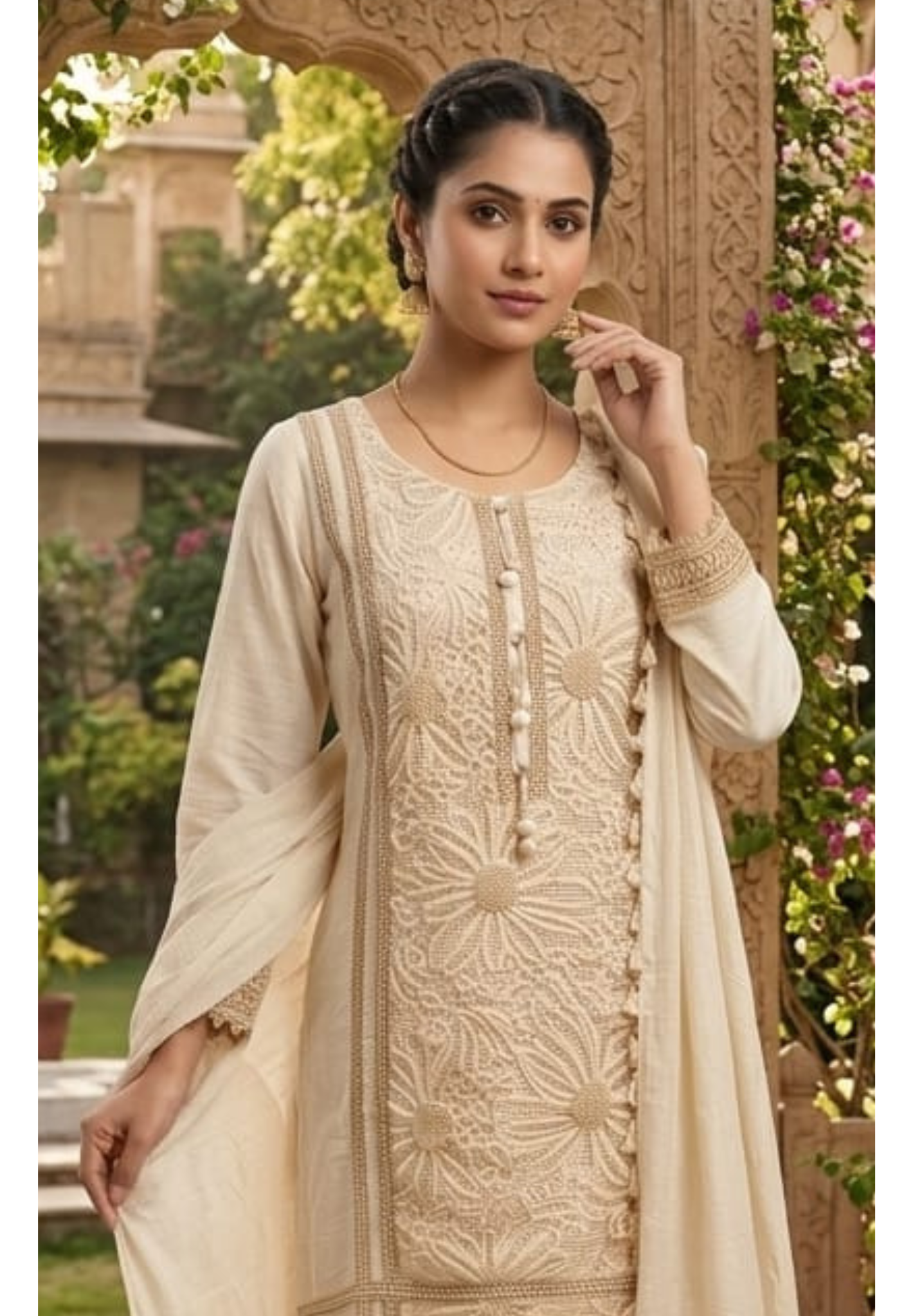 Ivory Floral Cutwork Embroidered 3-Piece Full Suit Set with Seashell Accents -14899