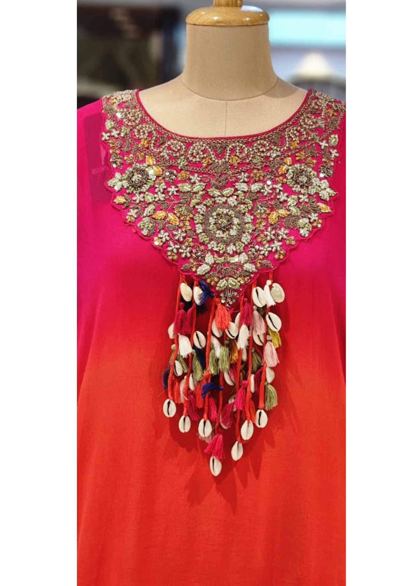 Ombre Pink and Orange Kaftan Kurta Pant Set with Cowrie Shell and Tassel Embellishments- 13261