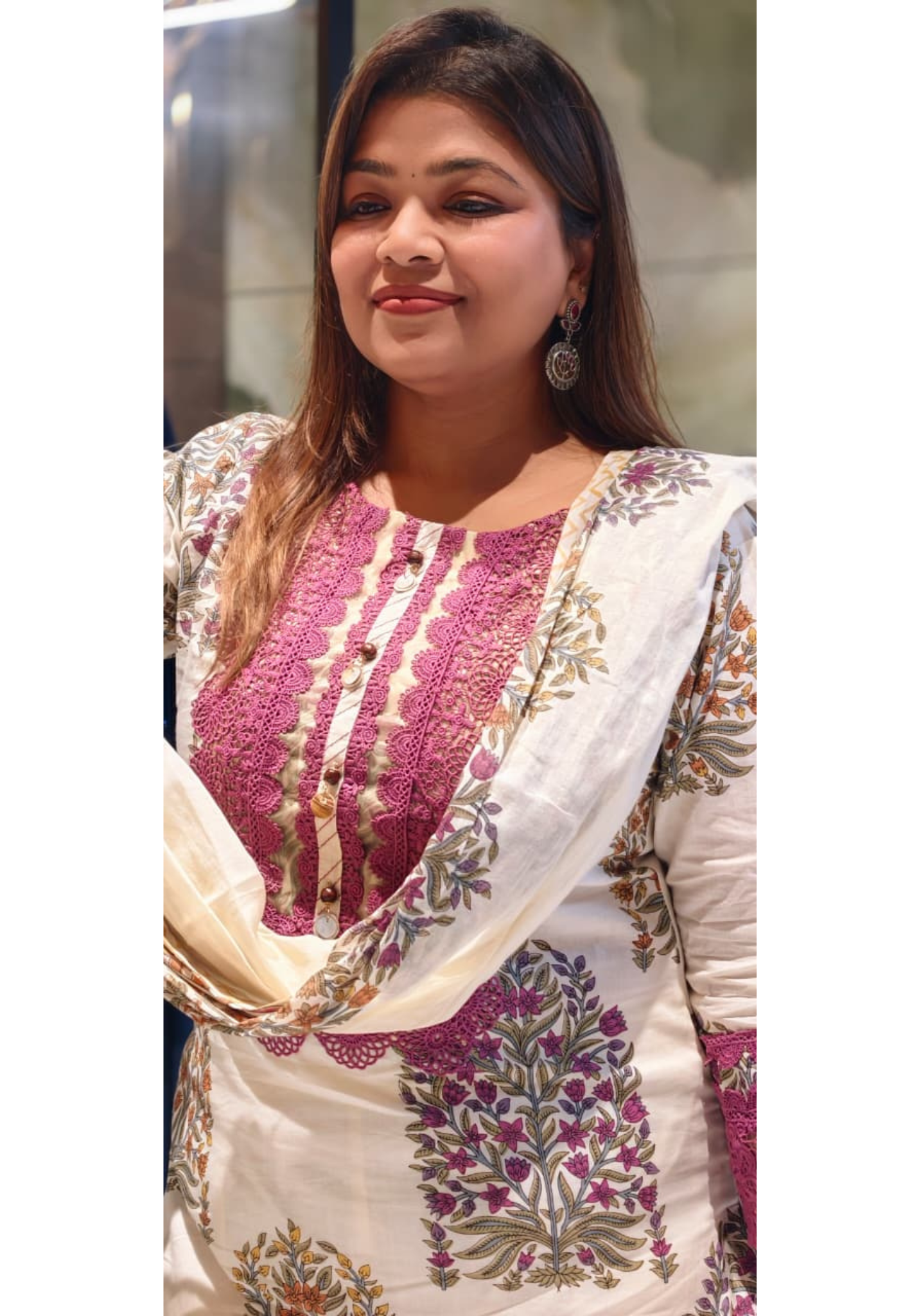Floral Block Print Straight Cotton Full Suit Set With Dupatta With Crochet Lace Detailing- 14904
