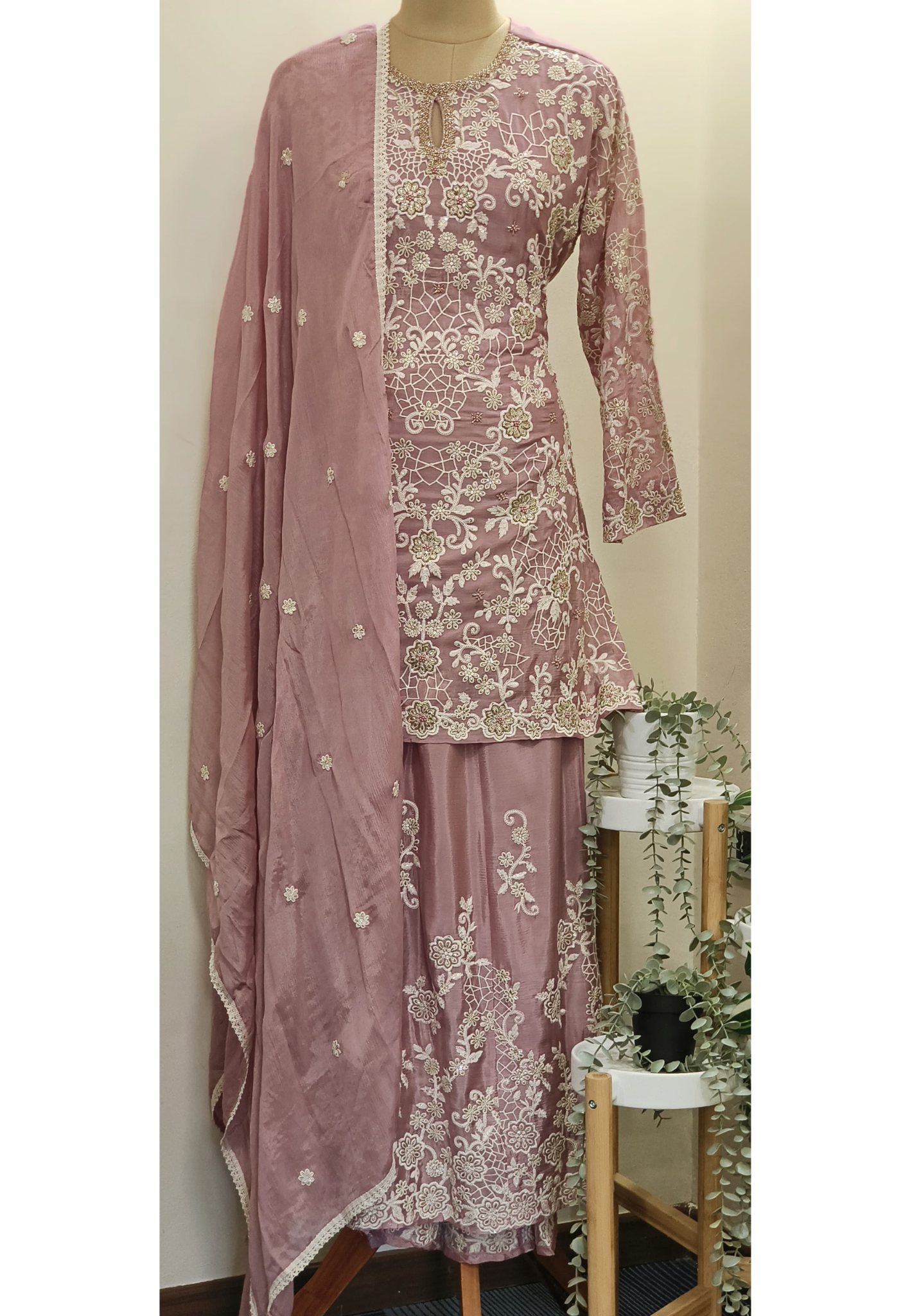 Beautiful chinon thread embroidery full set with embroidery sharara and dupatta  DRY WASH 05902