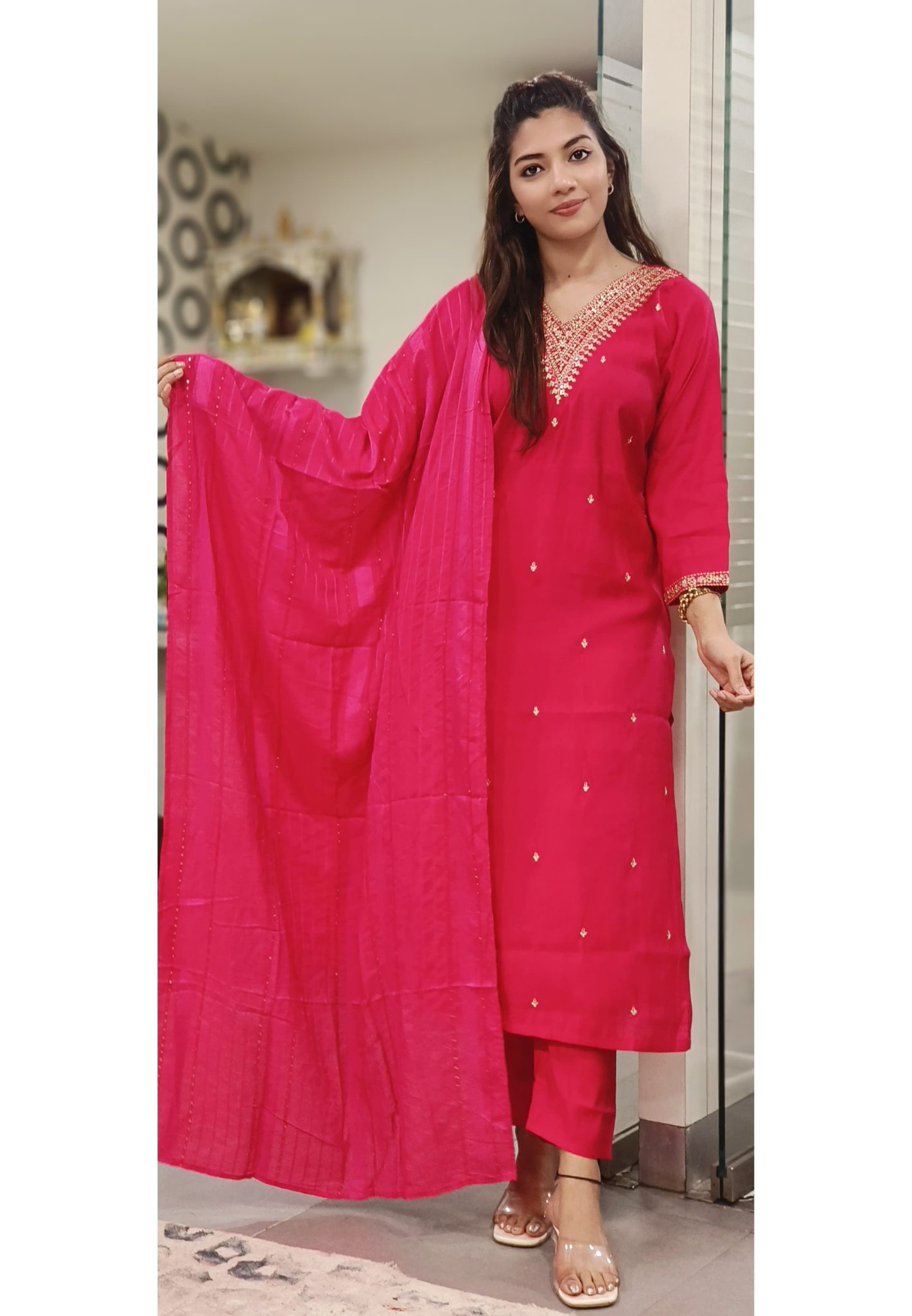 Embroidered V-Neck Bright Color Kurta Pant And Dupatta