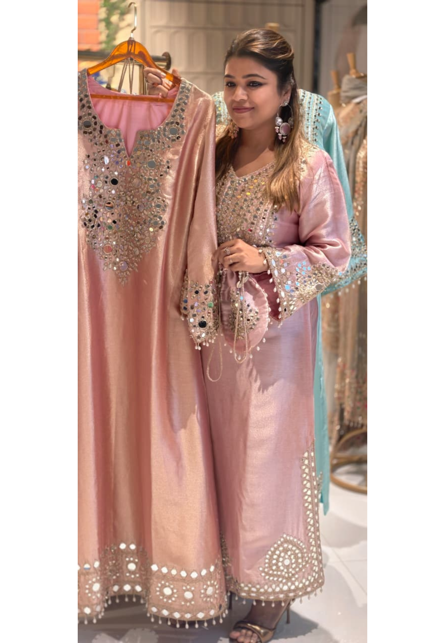 Luxury Elysian Mirror Work Designer Long Kurta with Potli Bag Set-14884
