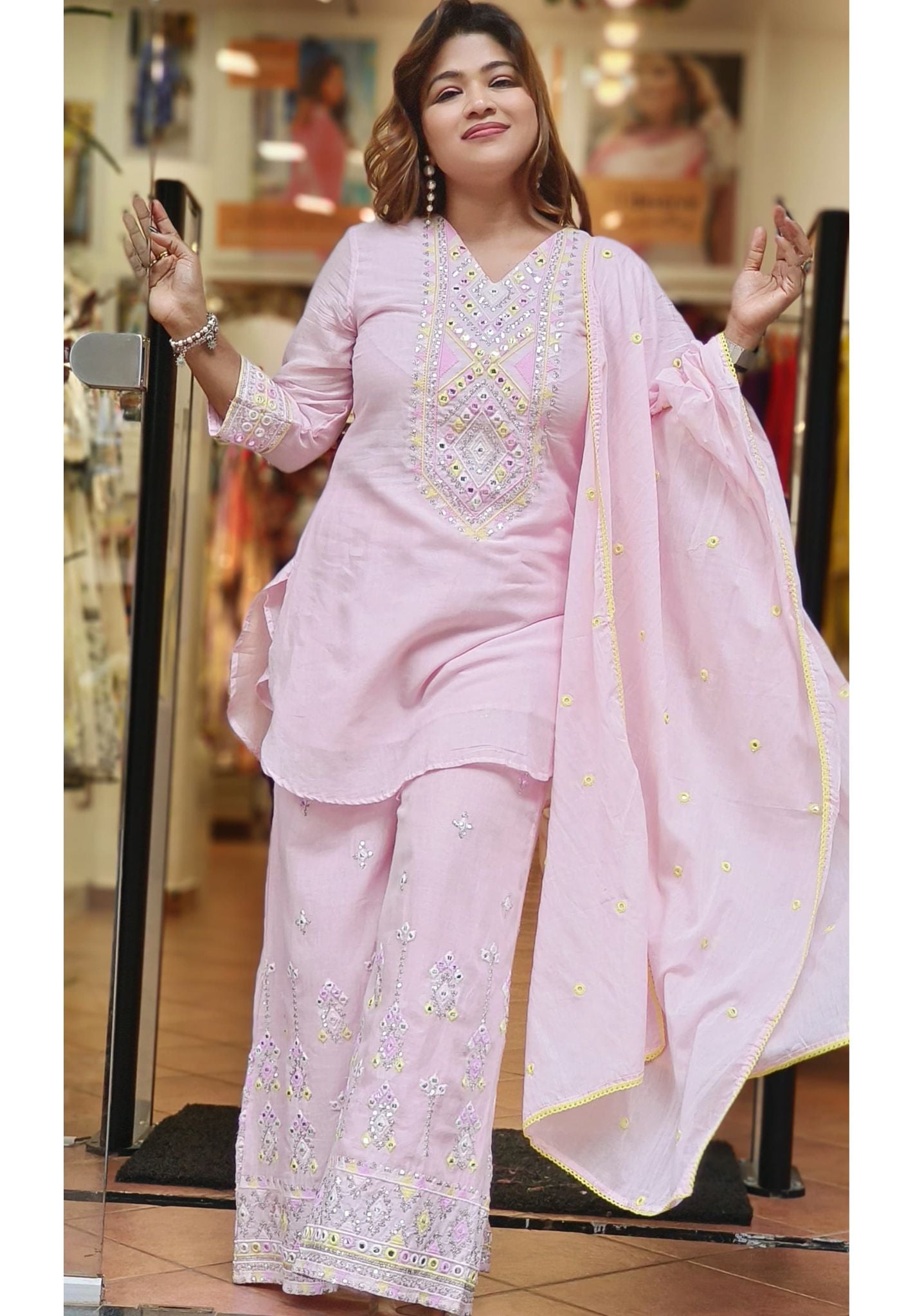 Mulmul Cotton Foil Mirror Embroidery Full suit Set with loose Embroidered Palazzo with Dupatta-06101