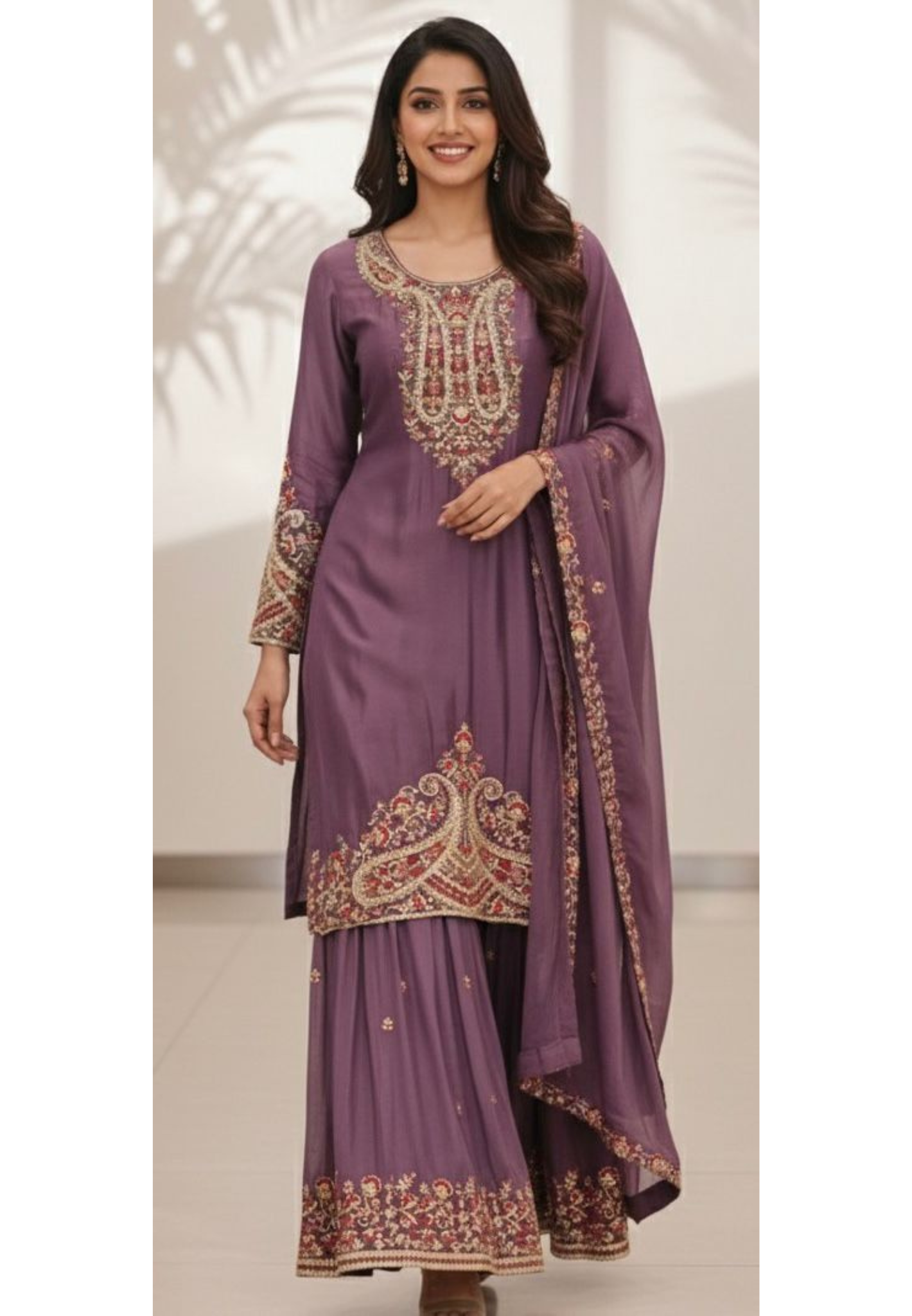 Heavily Embroidered Panel Full Suit Set With Sharara Bottom & Dupatta In Chinon Fabric- 11824