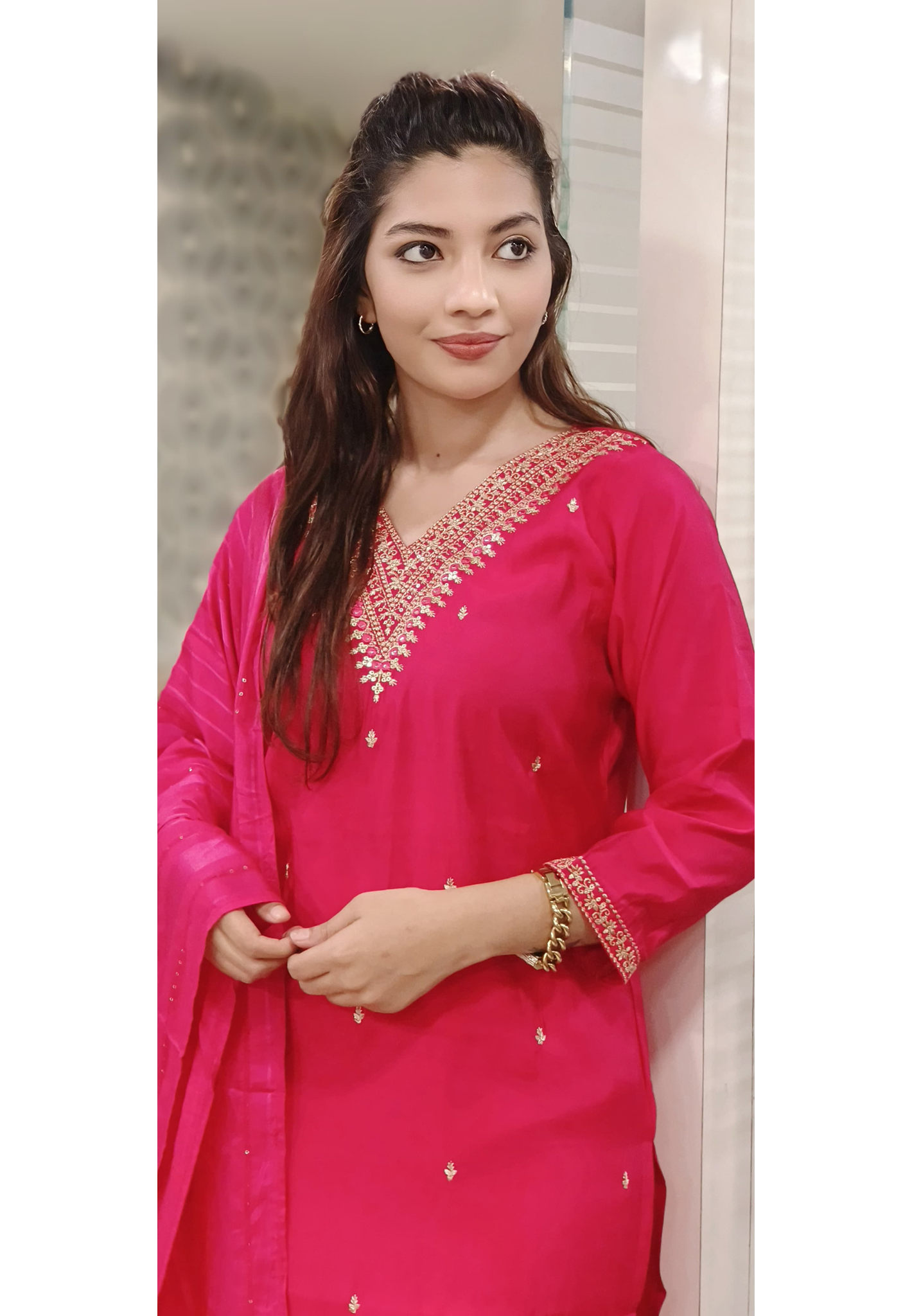 Embroidered V-Neck Bright Color Kurta Pant And Dupatta