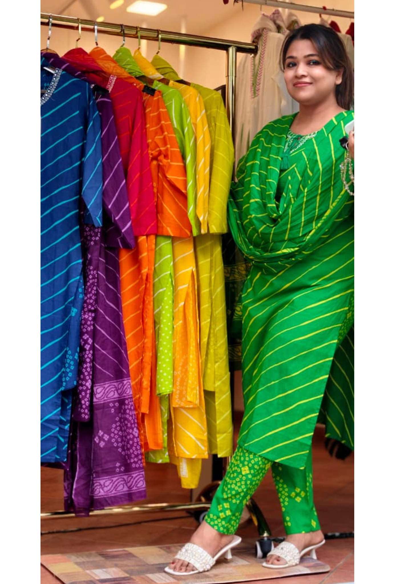 Traditional Leheriya Pattern Embellished V-Neck Ethnic Cotton Full Suit Set With Dupatta- 15561, 15560