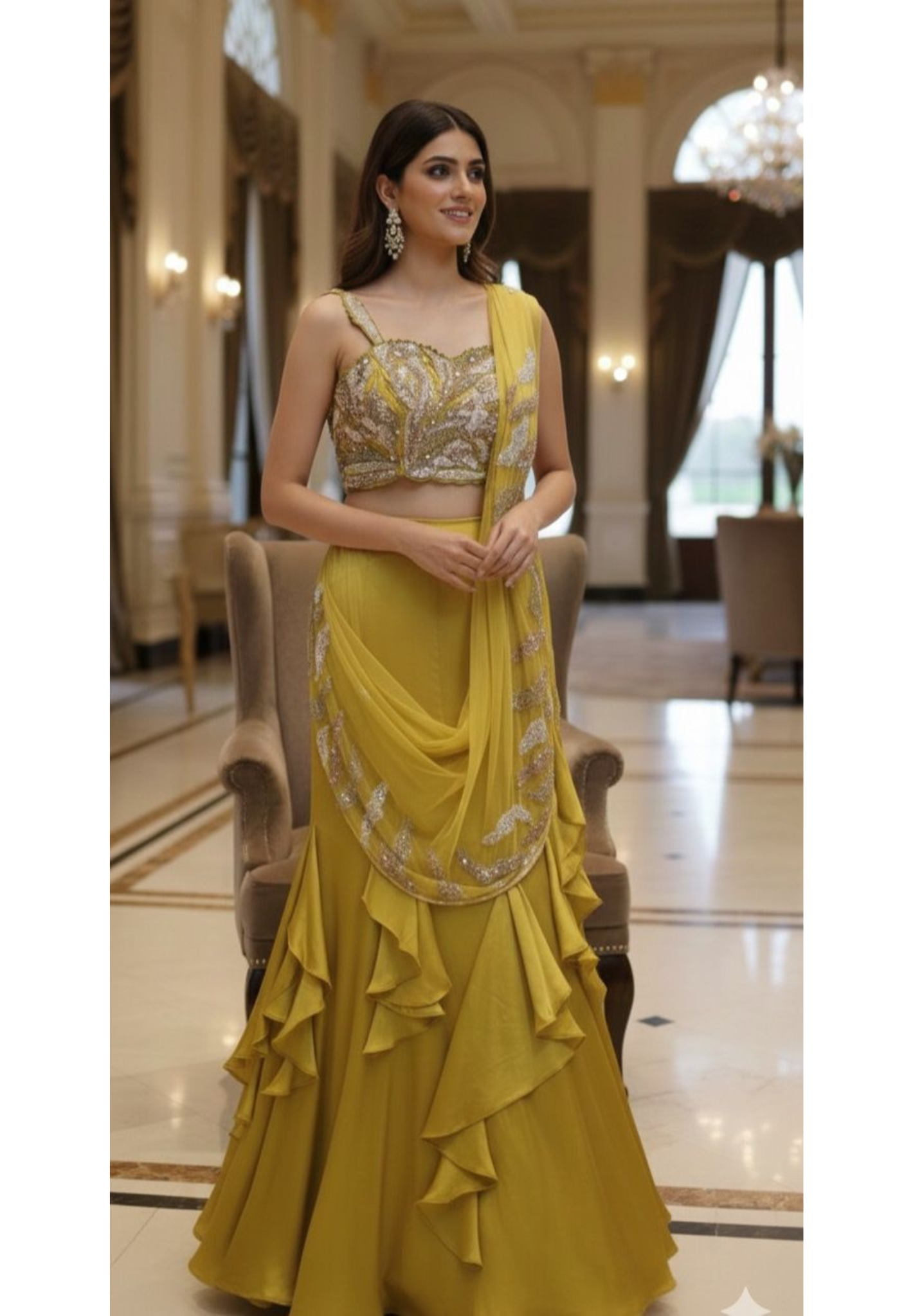 Designer Ruffle Lehenga Set with Heavy Hand-Embroidered Sequin & Cut-dana Blouse and Matching Embellished Attached Dupatta (Cane-Cane Inside) DRYWASH-12605 (DISPATCHING AFTER 30 DAYS ON ORDERS)