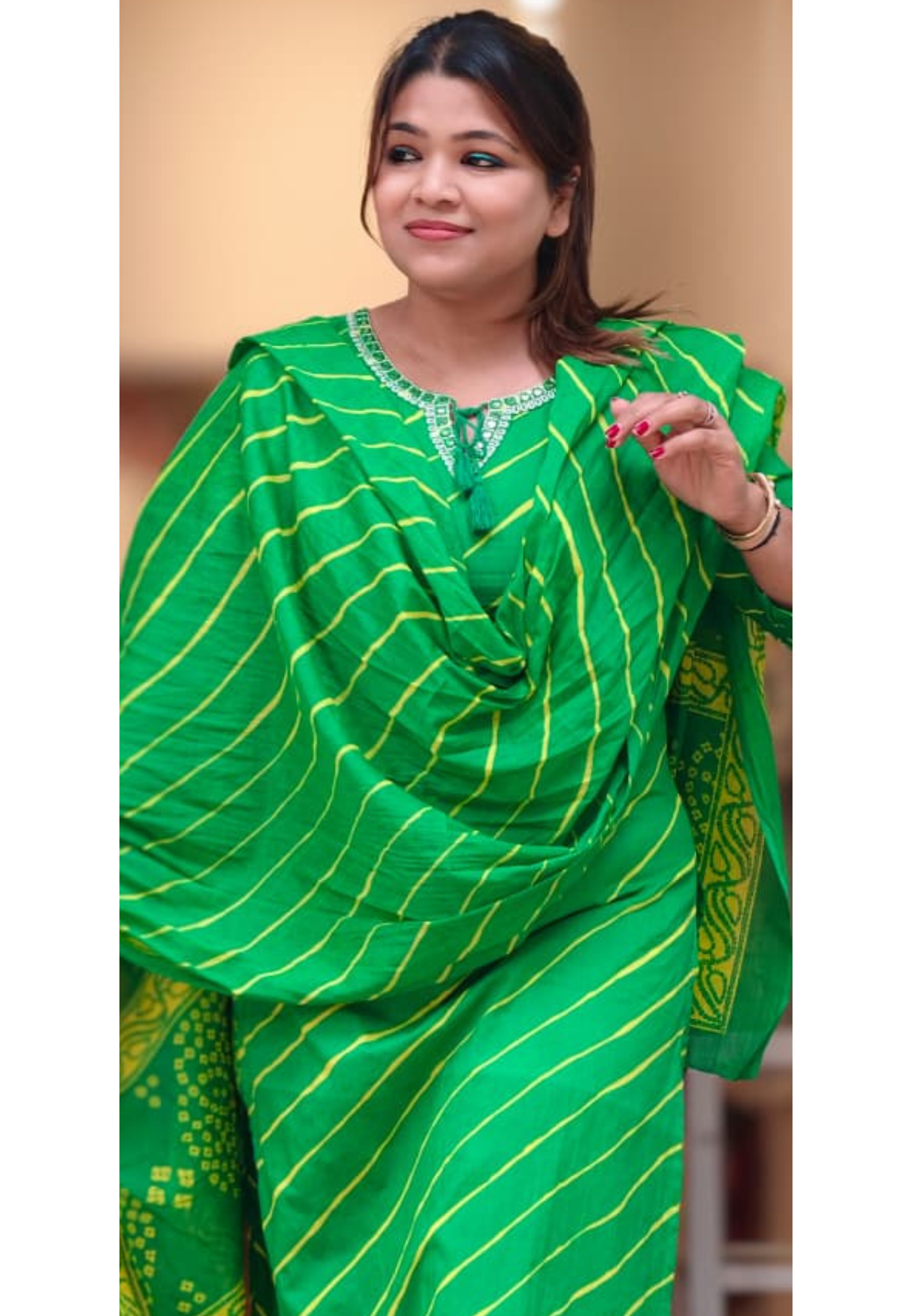 Traditional Leheriya Pattern Embellished V-Neck Ethnic Cotton Full Suit Set With Dupatta- 15561, 15560