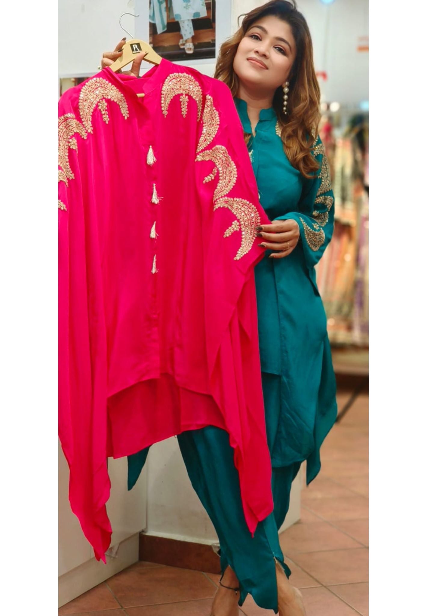 Party Wear Embroidered Kaftan wlWith Tulip Pants indo-western outfit DRY WASH- 06088 -87
