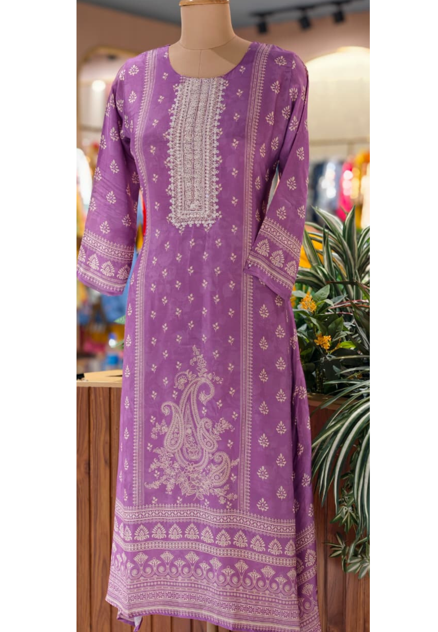 Placement Printed Beautiful Front Yoke Neckline A-Line Muslin Kurti Only