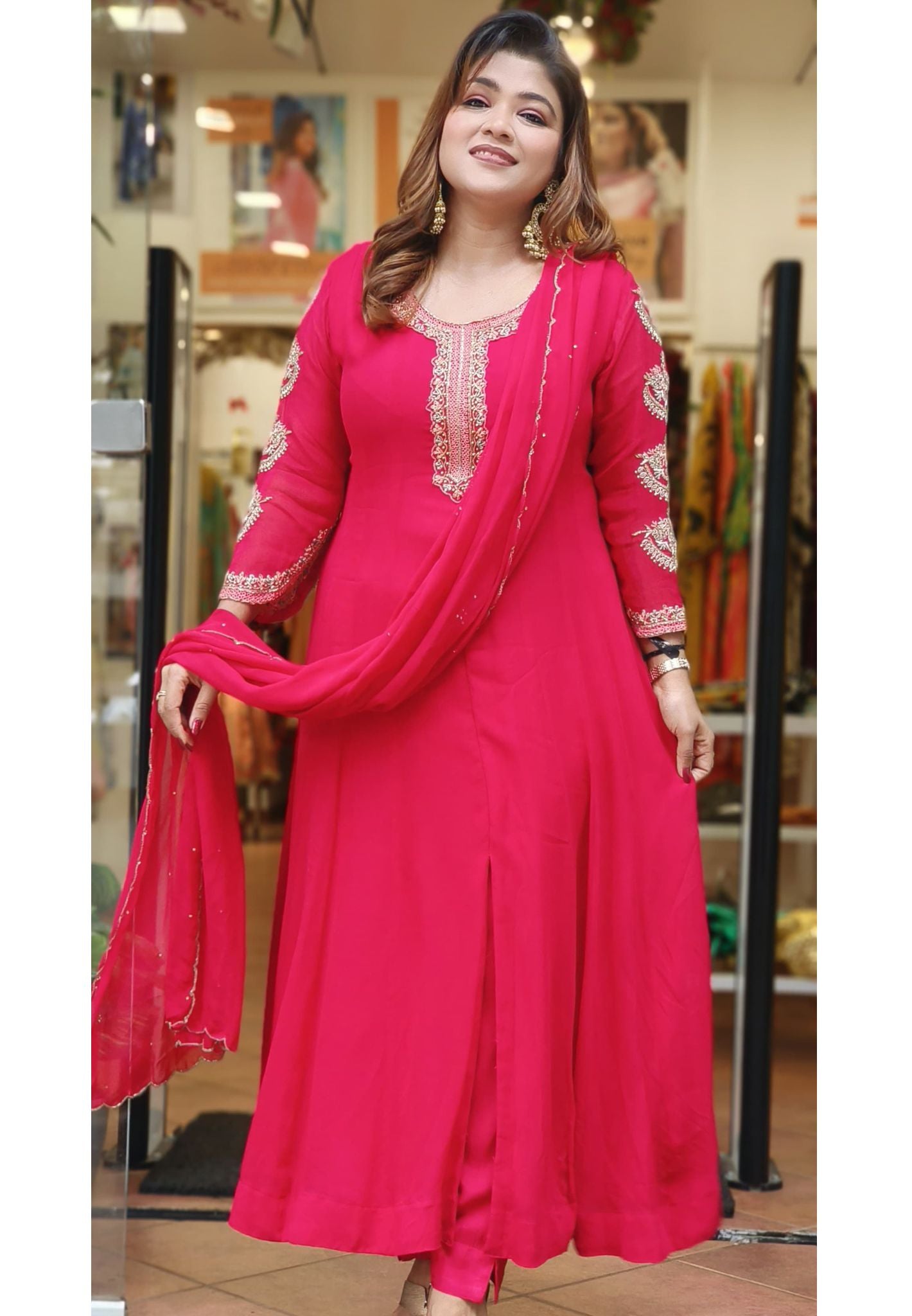 Stylish Georgette embroidery front slit kurta with pant set and dupatta DaysDRY WASH -05595-05596