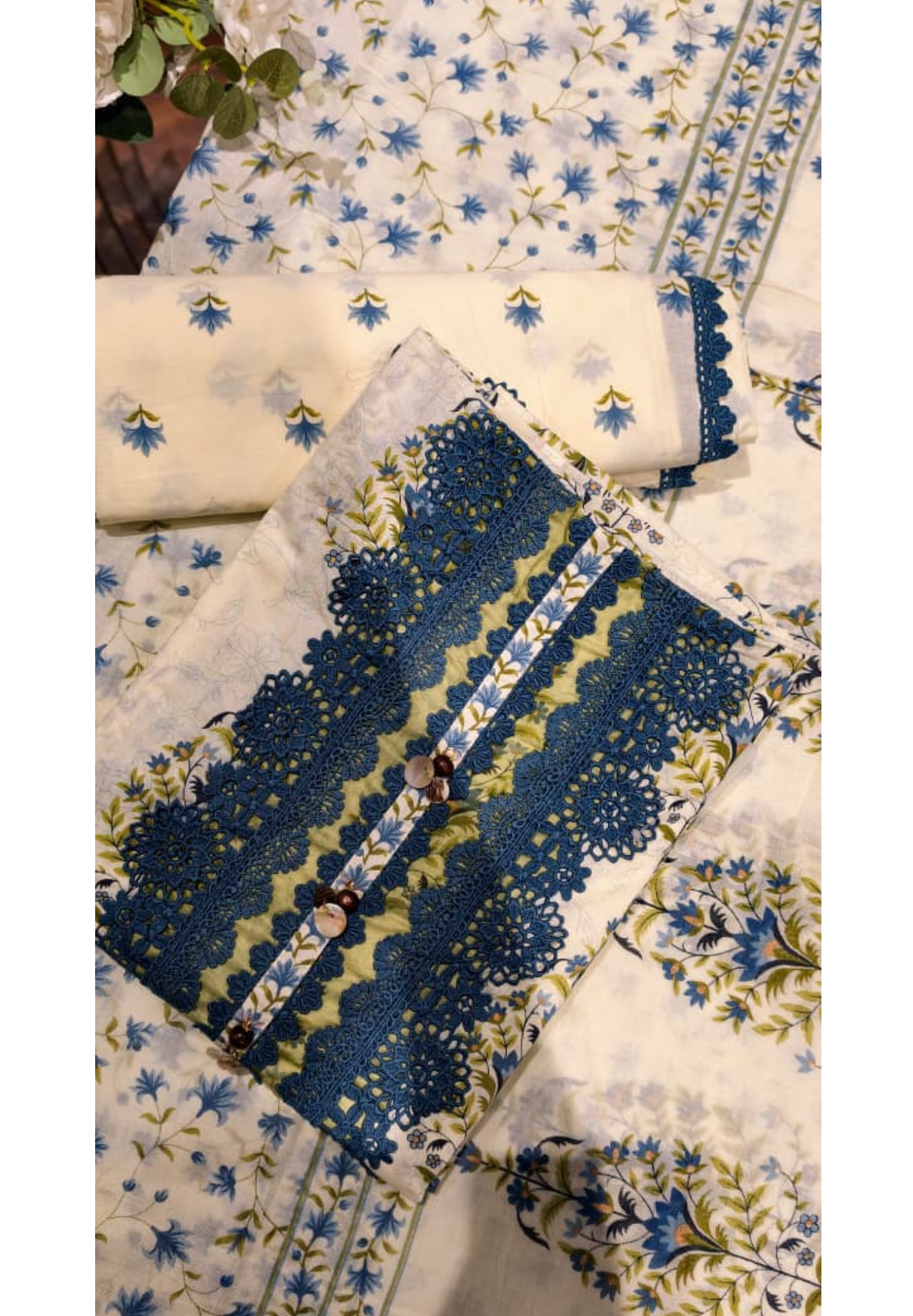 Premium Floral Print Unstitched Cotton Full Suit Set with Heavy Crosia Lace Detailing- 14913