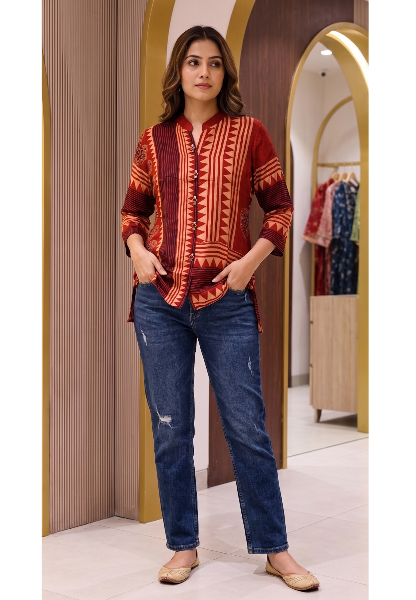 Zig-Zag Stunning Striped Crimson Elegance Crepe Shirt Only- 14875