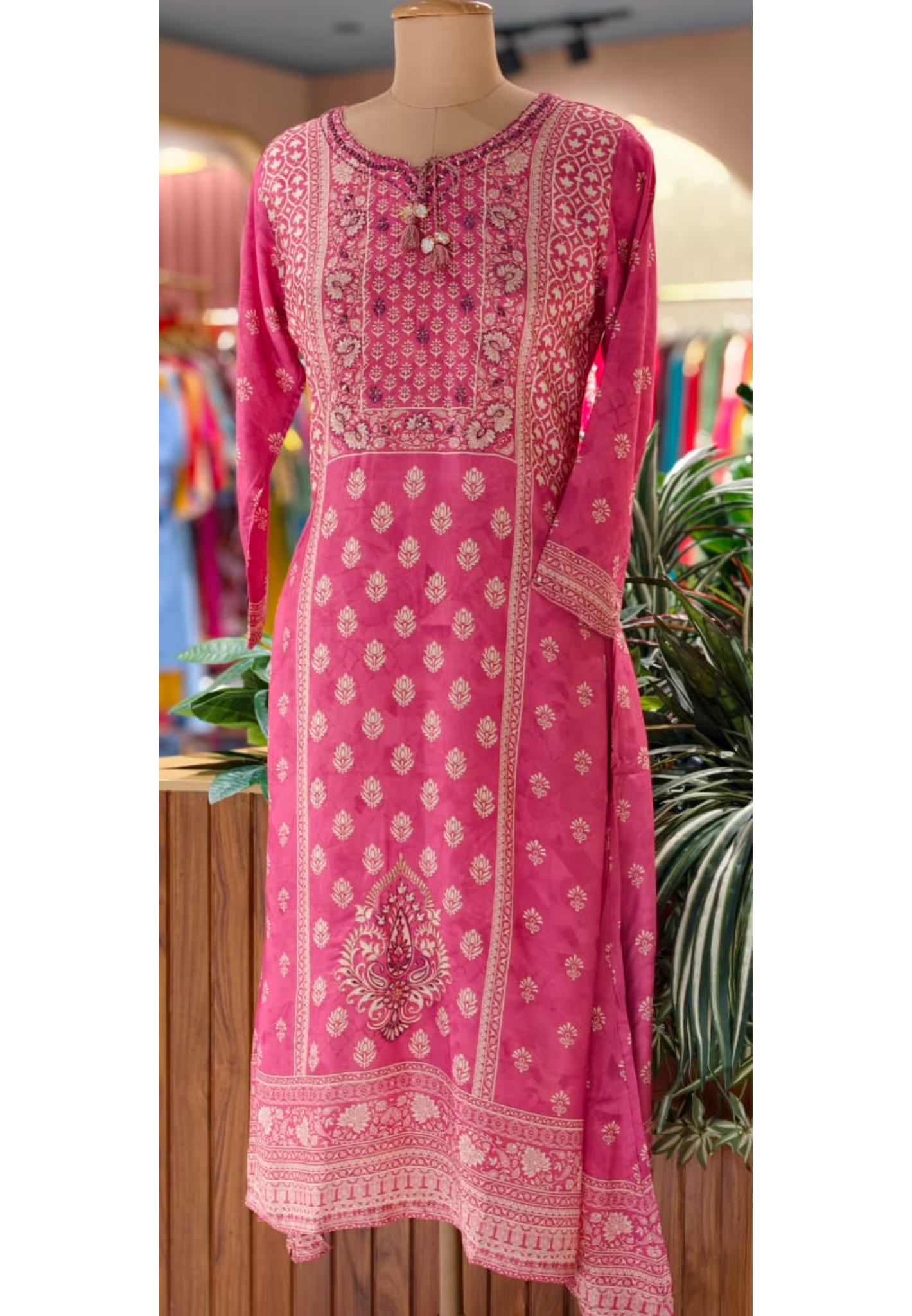 Traditional Print Tasselled Neck A-Line Muslin Kurti Only (Slightly Lean Fit)