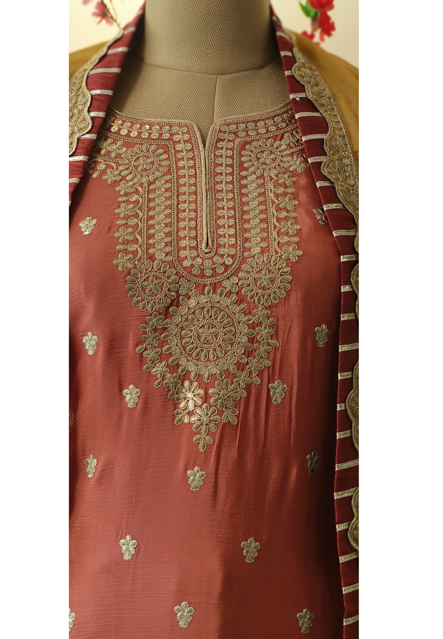 Chinon Beautiful  round neck kurta with multicolour skirt and dupatta  DRY WASH -05900
