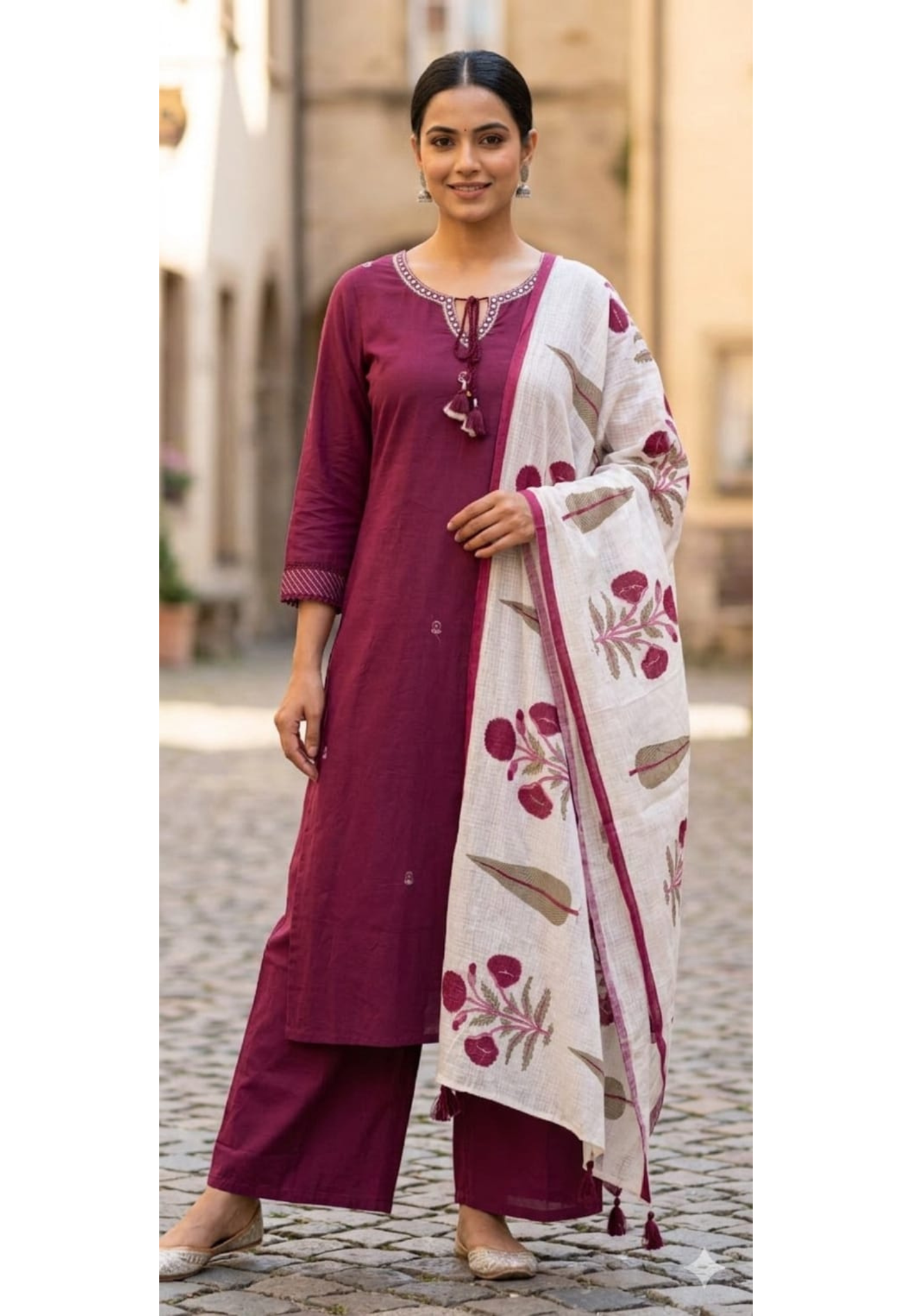 Pure Cotton Solid Shade Embroidered Neck Full set with Printed kota Doria Dupatta 13286
