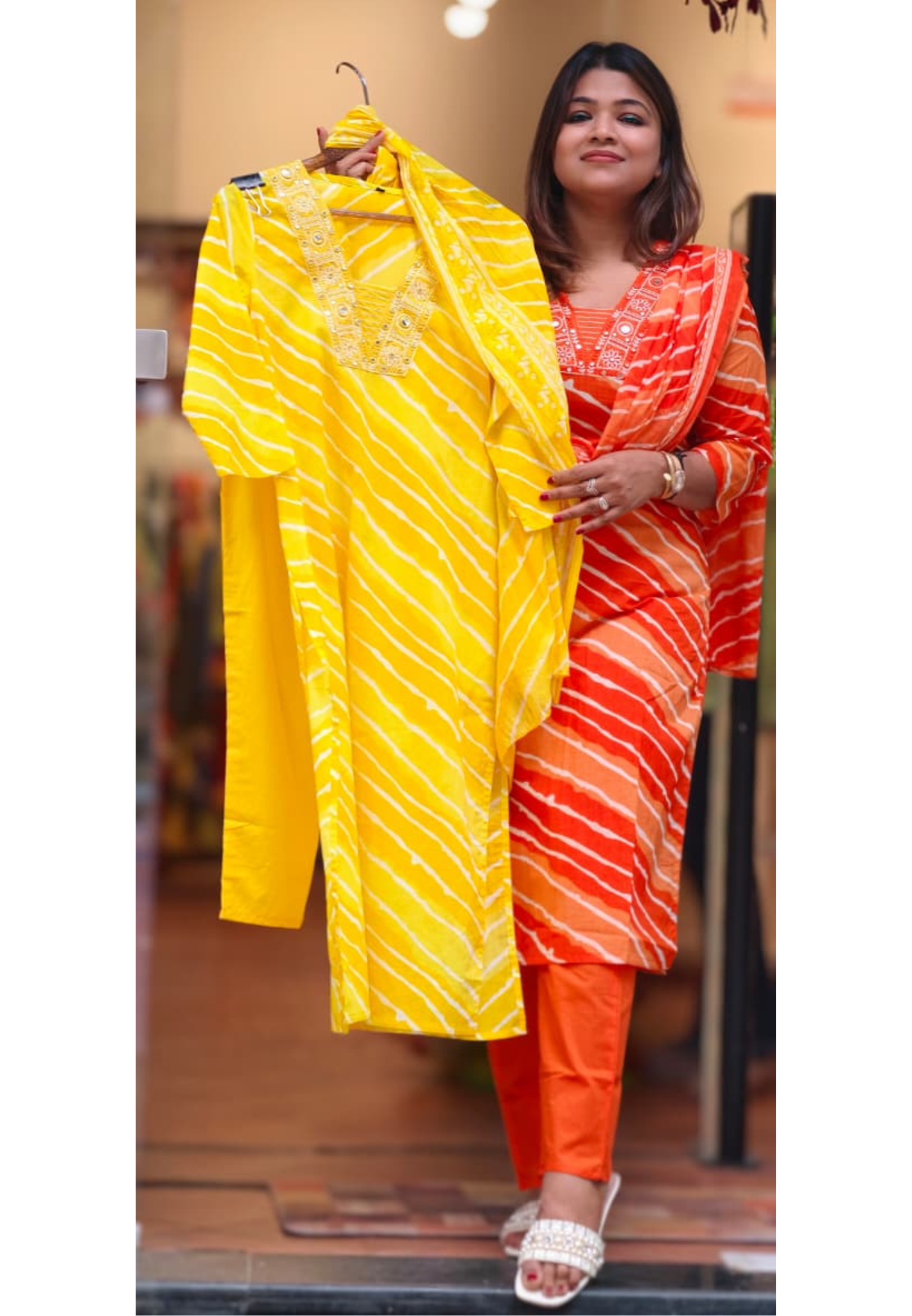 Rajasthani Boho Foil Mirror Thread Embroidery Neckline Lehriya Cotton Full Suit Set With Dupatta- 15670