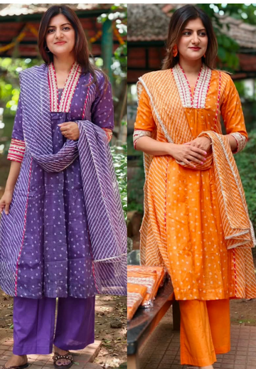 Graceful Purple Gotta Border Pink Highlights Bandhani Dots Kota Doria A-Line Full Suit Set With Dupatta- 16099