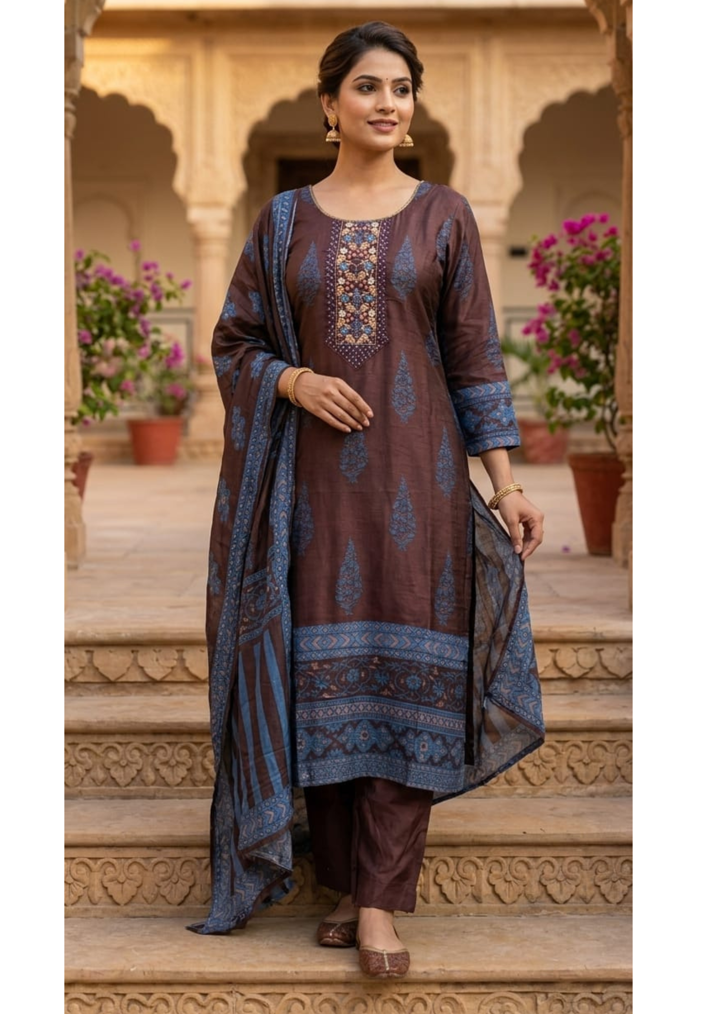 Chocolate Brown Paisley Motif Russian Silk Full Suit Set With Dupatta Heavily Embroidered