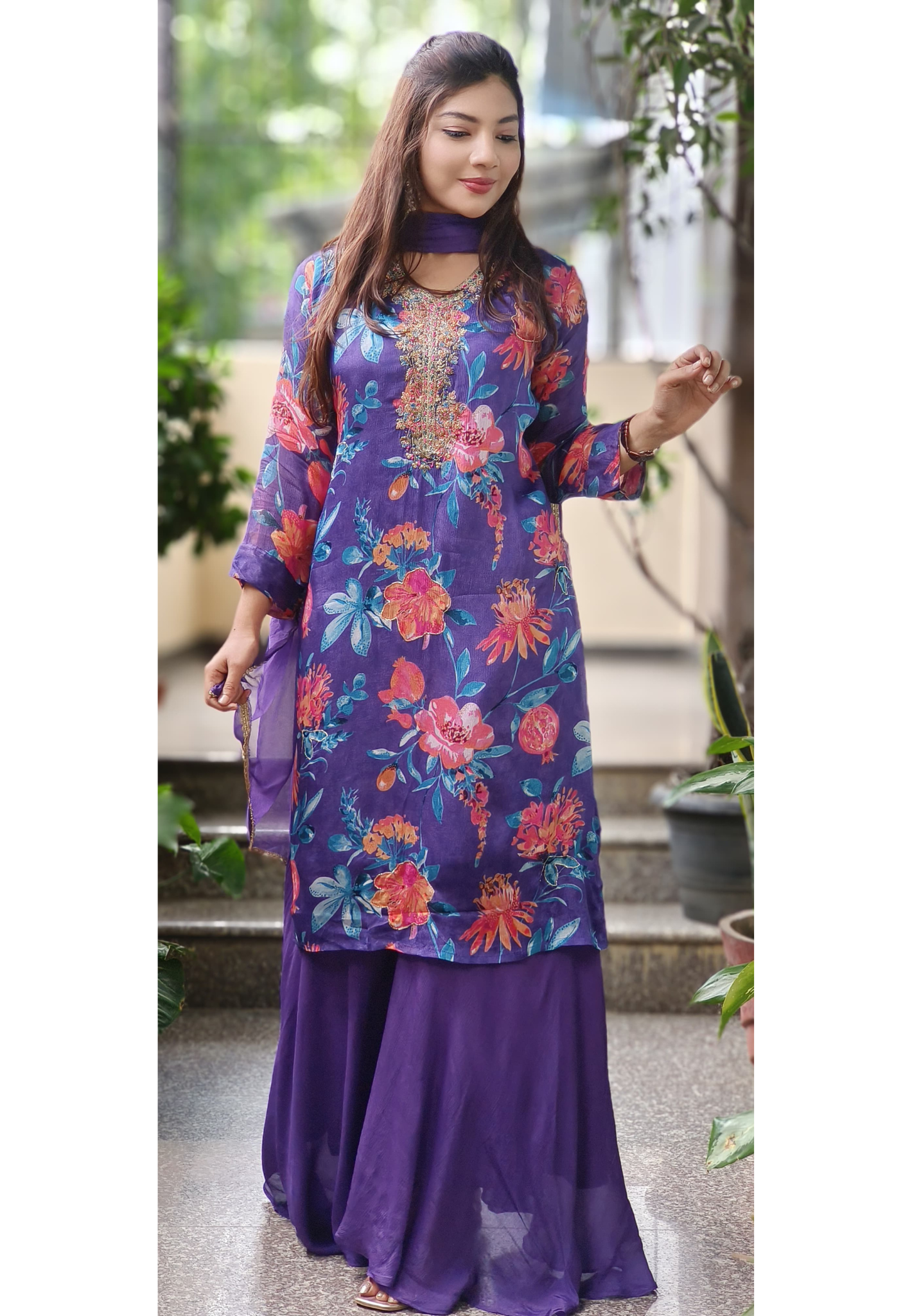 Zardosi Neck Work Floral Printed Chinon Full Suit Set With Loose Palazzo Bottom & Dupatta- 10198