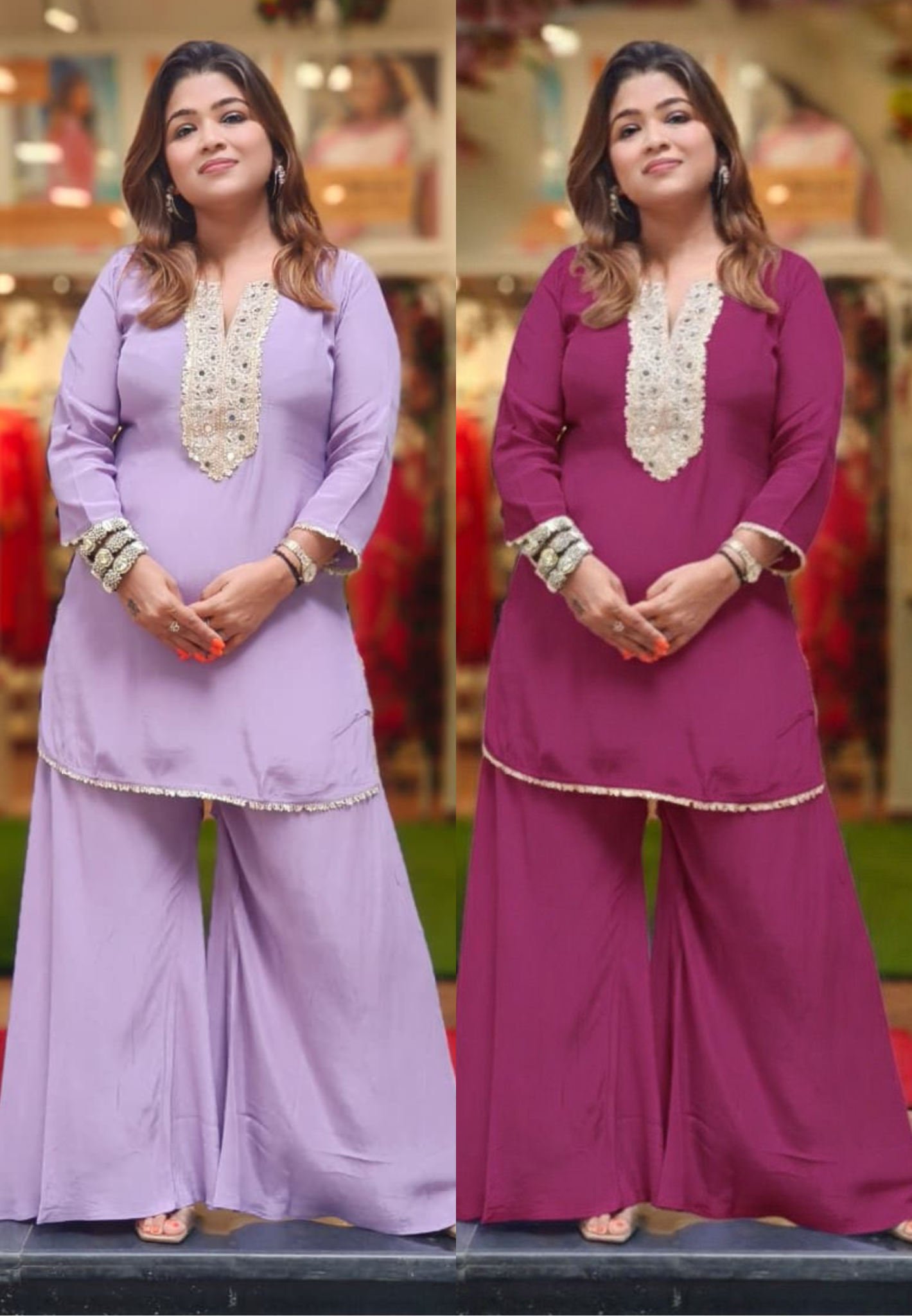 Real Mirror Lavender Grace Kurta With Loose Palazzo Bottom Set In Linen Crepe Fabric- 11674, 11673