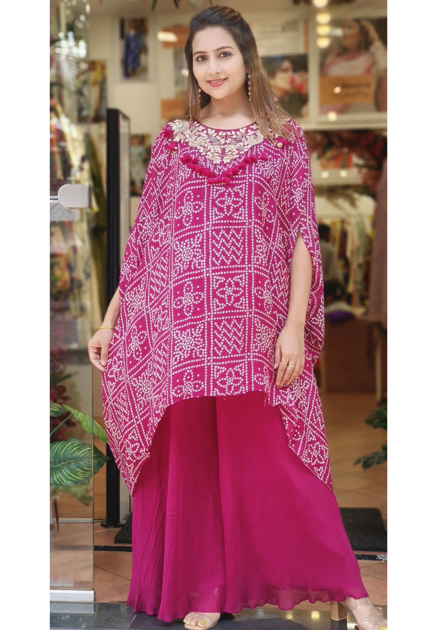 Beautiful Bandhani Print Zardosi With Sequence Work Short Kaftan And Palazzo -06154-55-56