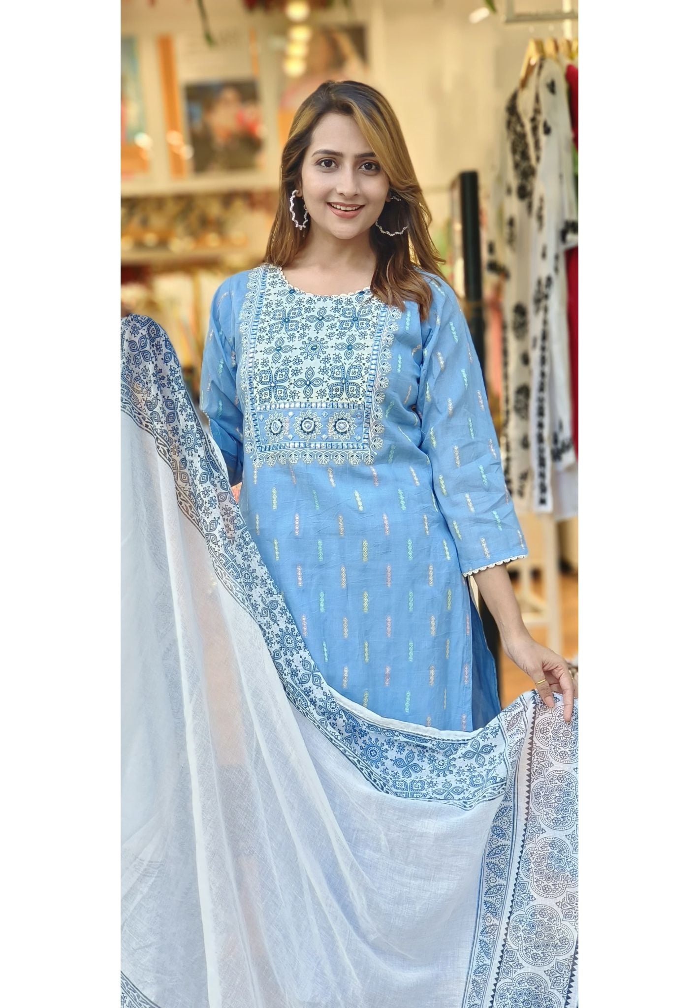 Ice Blue cotton emroidered Neck printed Full Suit Set and Dupatta 05163