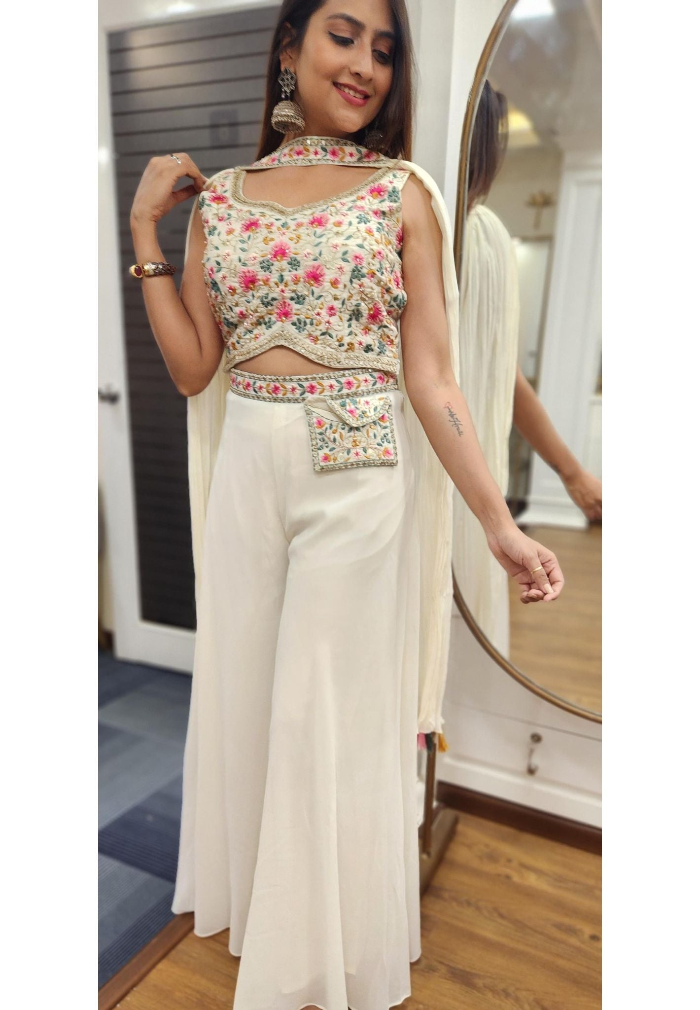 Floral Embroidered Crop Top with Pocket Palazzo and Choker Dupatta Drywash-04310