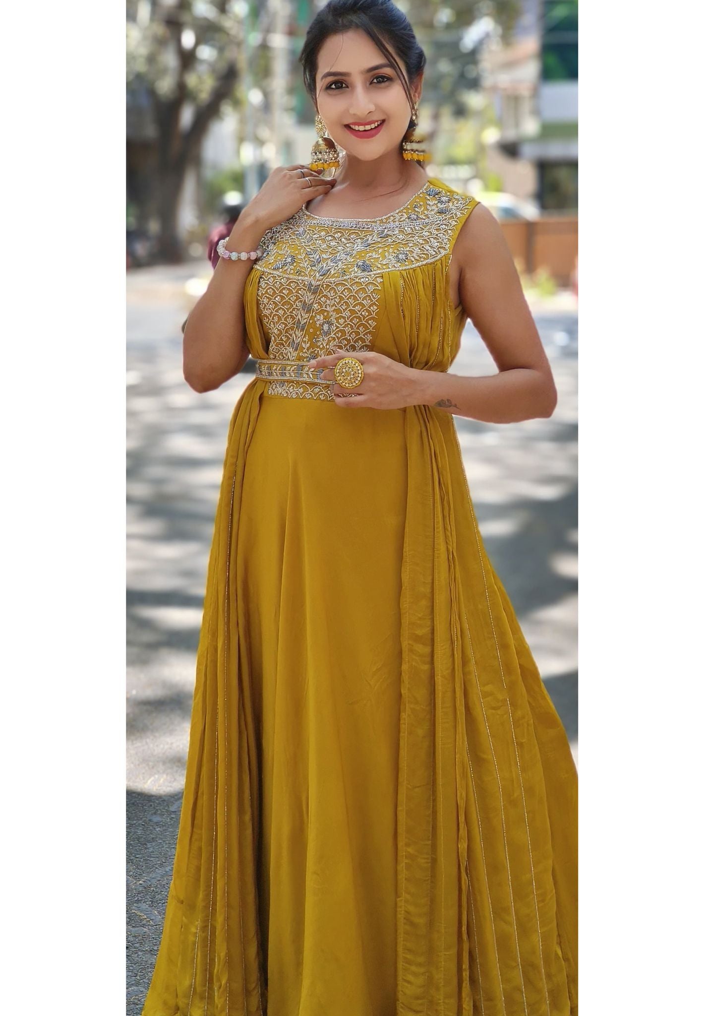 Mustarad Heavy Party Wear Stylish Beautiful Gown with Cut Dana Embroidery and Belt  Dry Wash Only With sleeves-04262