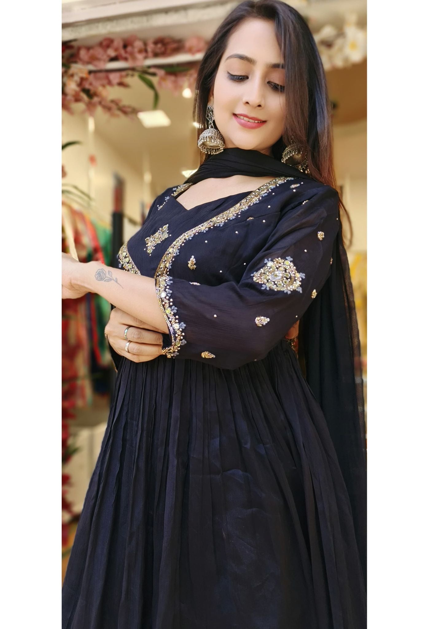 Designer Black Chinon Party Wear Chinon Embroidered Gown with Cancan with Dupatta Drywash-04265
