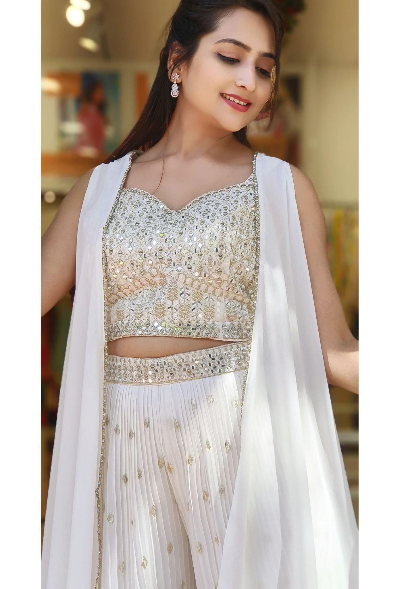 Stylish Tara Embroidered Crop Top with Crushed Palazzo and Embroidered  Jacket Drywash-04362