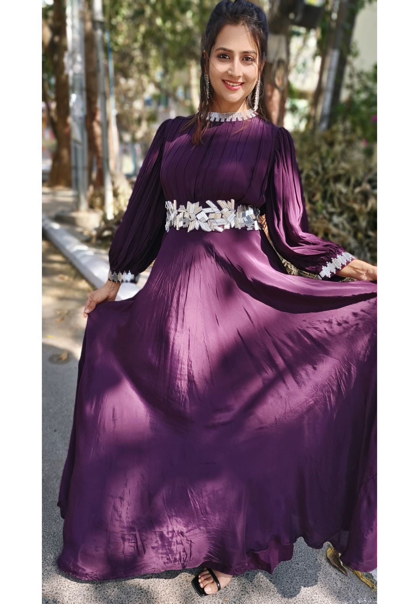 Evening Party Wear Crape Gown With Cut Dana Embroidery And Belt  DRY WASH ONLY-04258