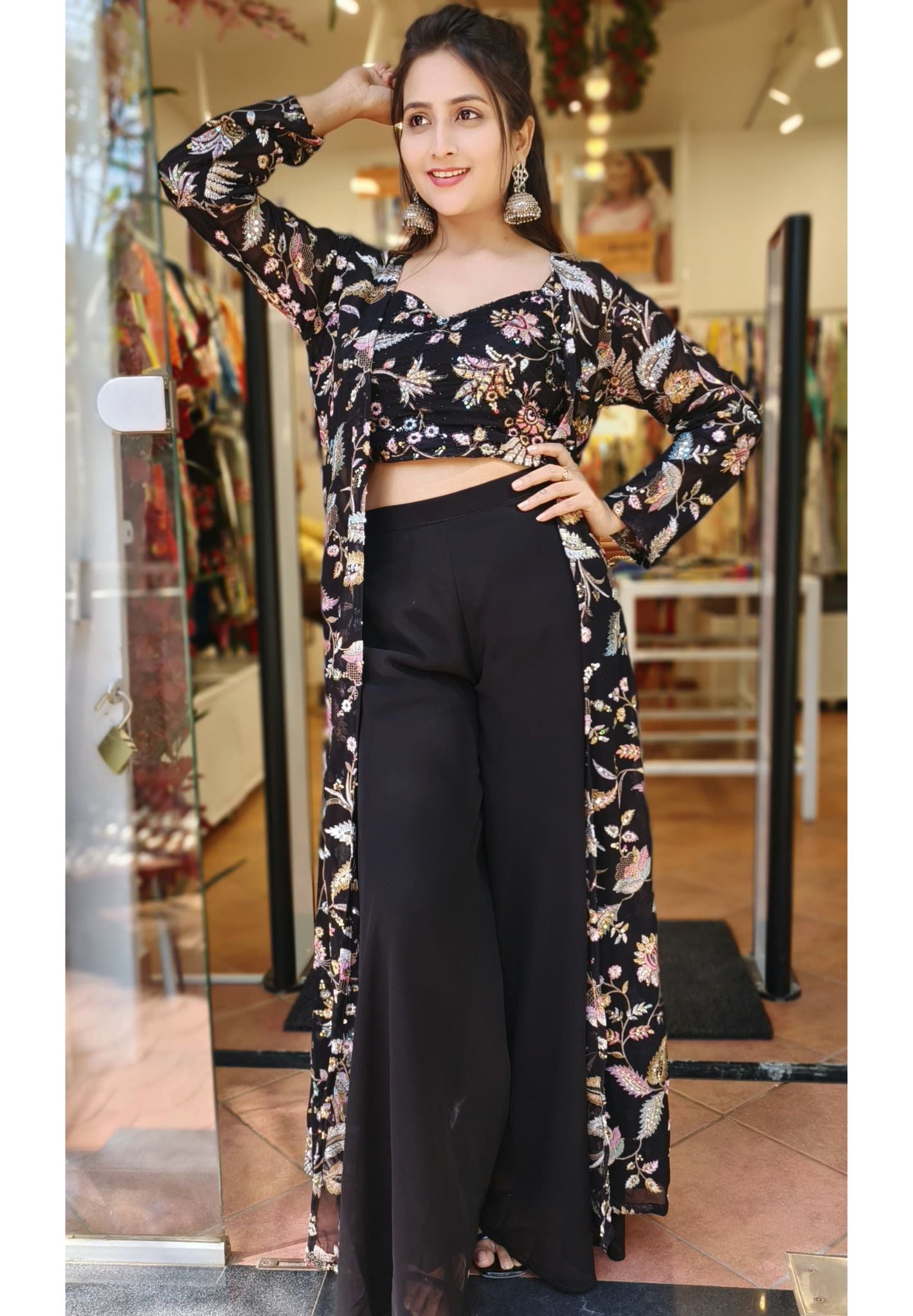 Beautiful Jaal Embroidered Crop Top with Georgette Palazzo and Floral Embroidered Shrug Drywashonly-04335
