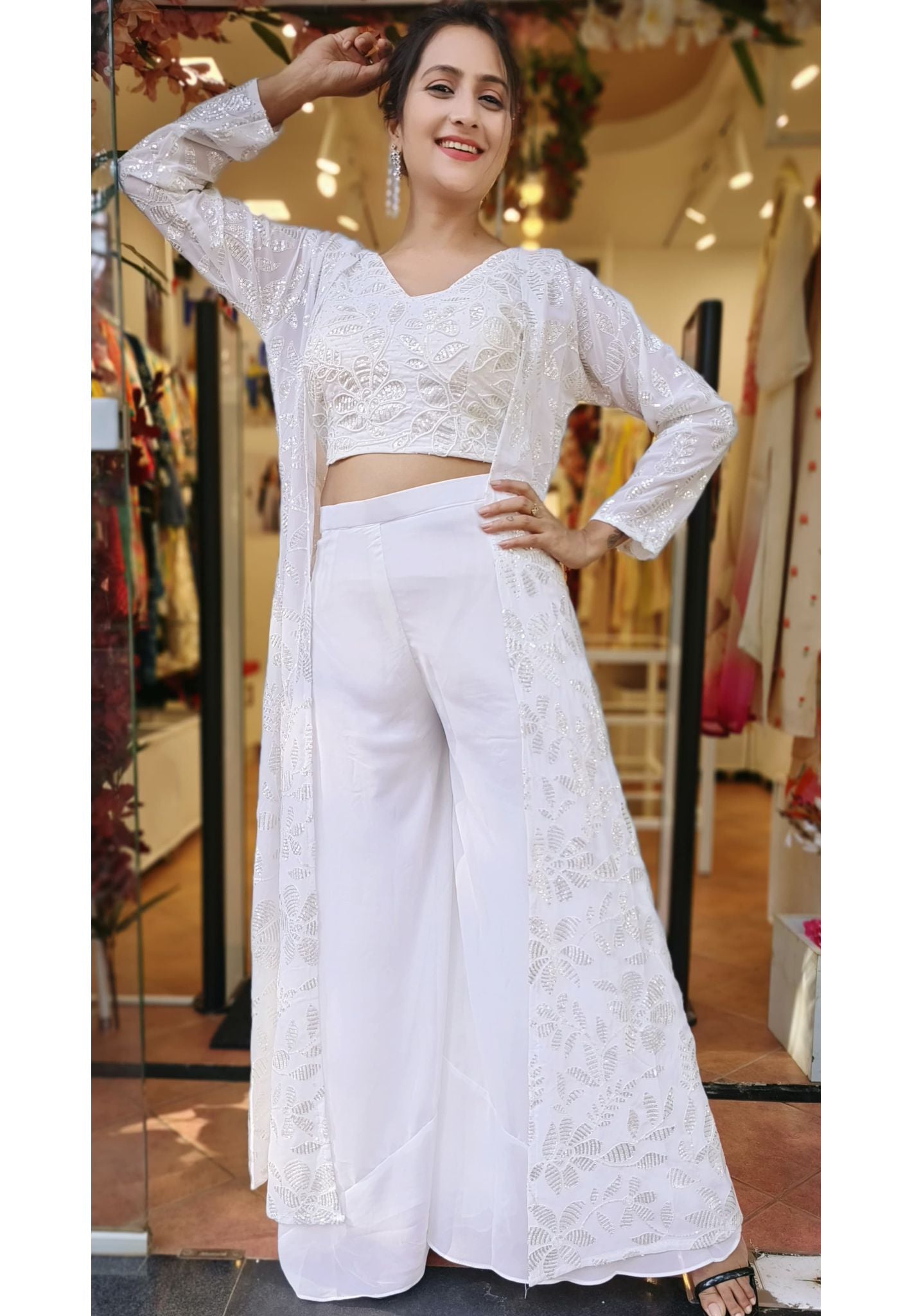 Elegant White Pearl and Tara Embroidered Sleeveless Crop Top with Palazzo and Embroidered Jacket Drywash-04337