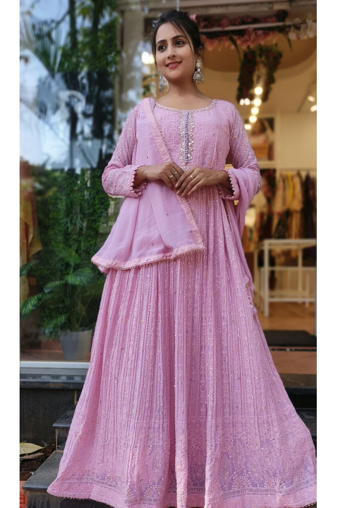 Heavy Chikankari Party Wear Anarkali Gown with Mirror Embroidered and Belt  Dry Wash Only-04343
