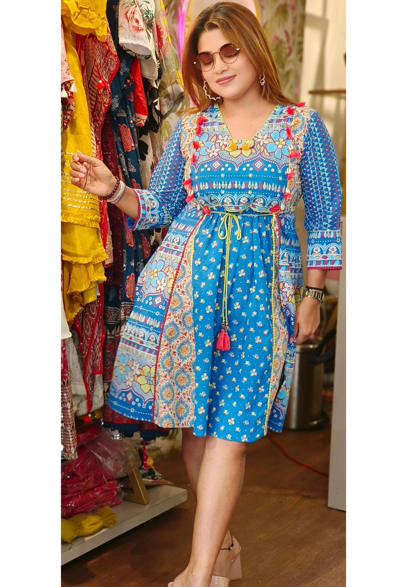 Printed Knee Length Frock With Dori -04445