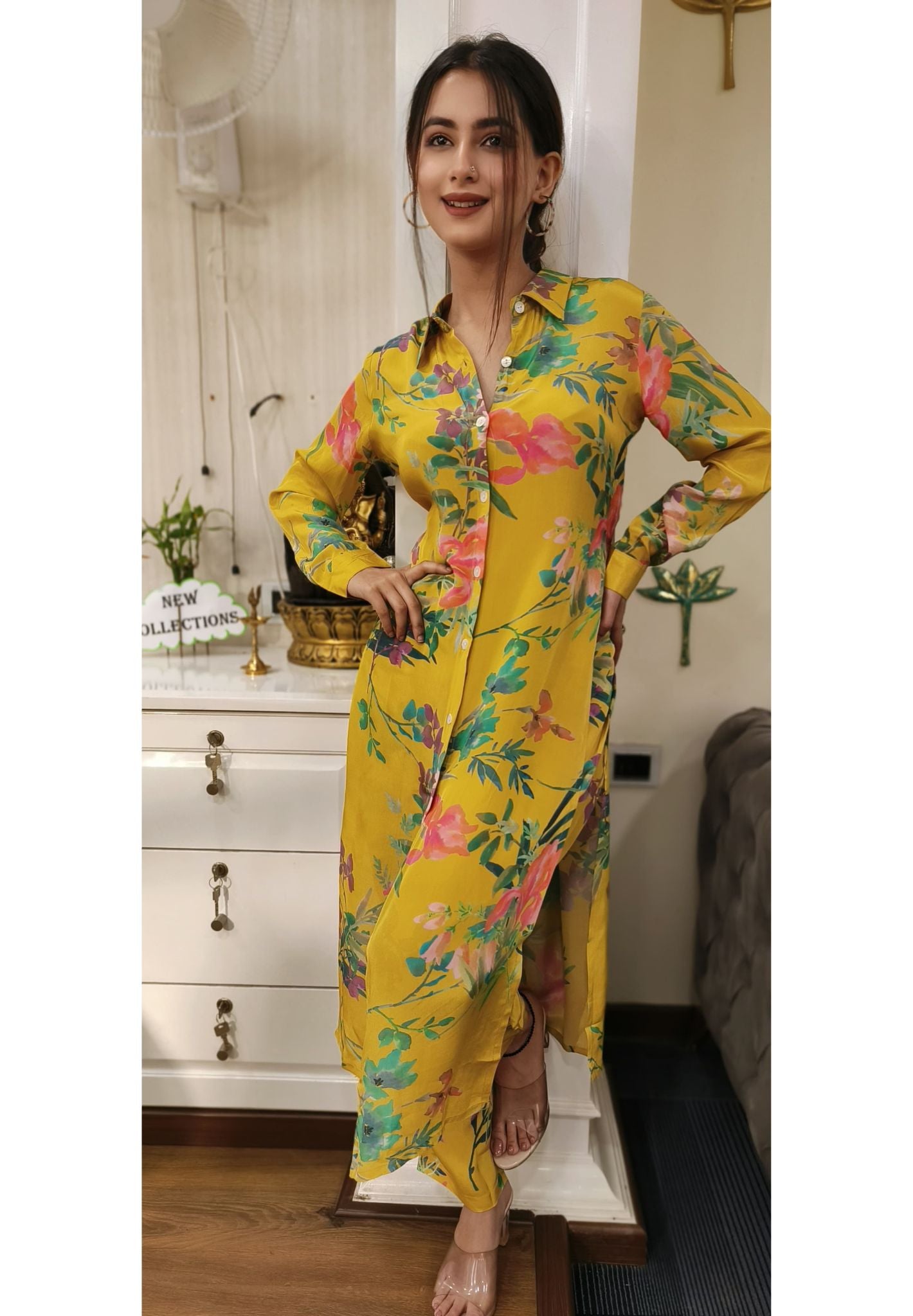 Beautiful Yellow Collar Floral Pure crape cordset  set with floral pant  (set of 2) DRYWASH-04457