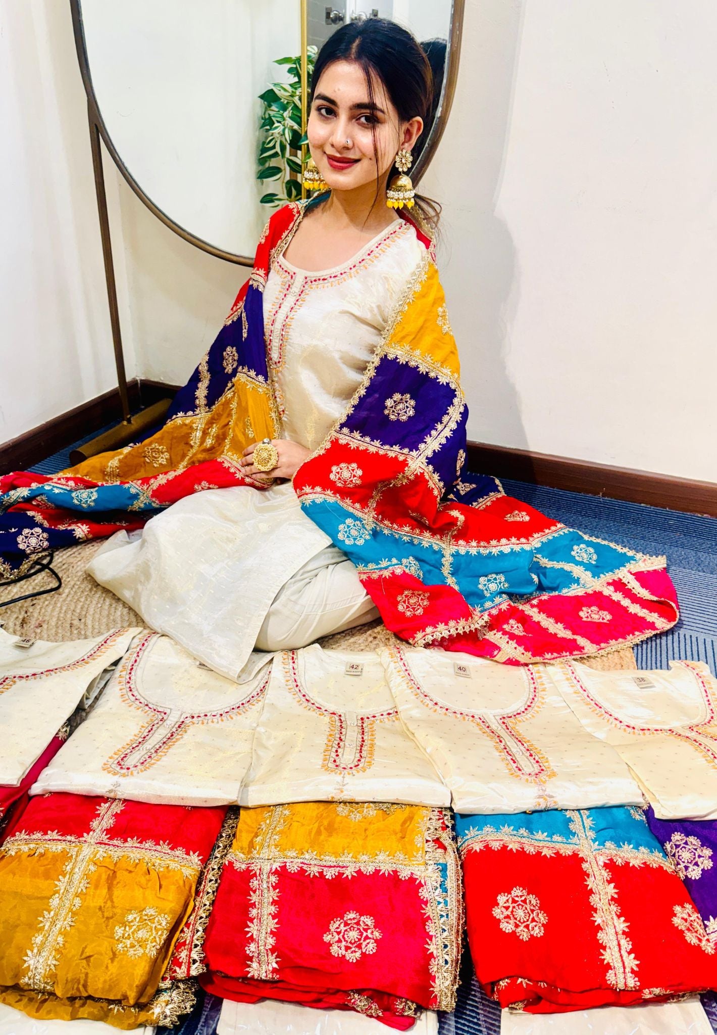 Elegant Punjabi Look Shimmer Tissue Suit  with Multicolour  Dupatta Full Suit Set