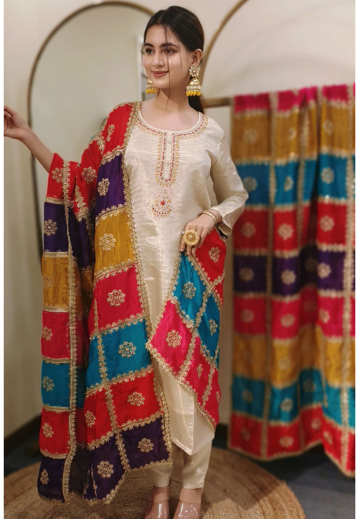 Elegant Punjabi Look Shimmer Tissue Suit  with Multicolour  Dupatta Full Suit Set
