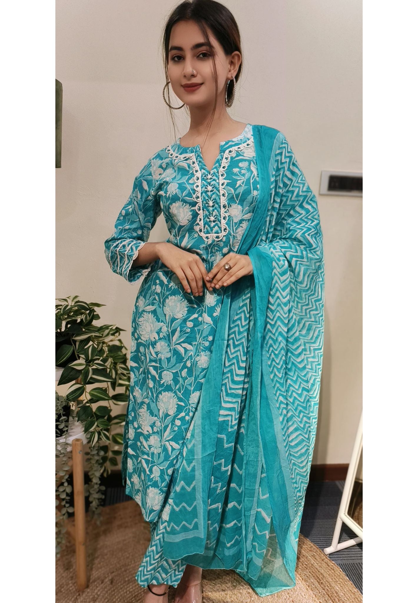 Sky Blue Beautiful Floral Cotton Summer Full Suit Set of 3-04298