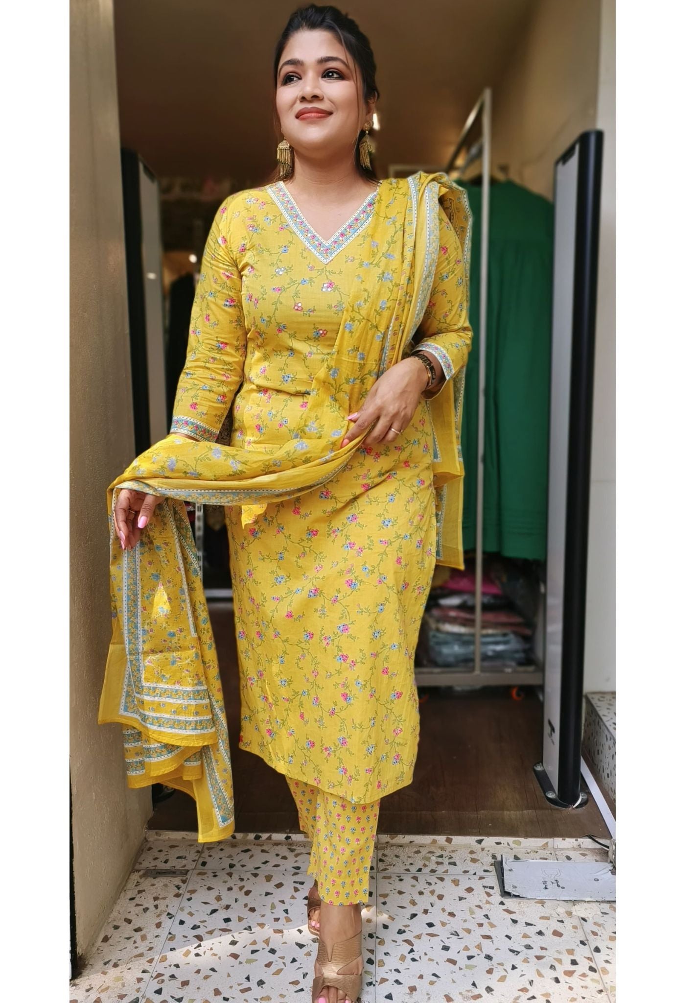 Floral Yellow CottonSummer Full Suit Set of 3-04499