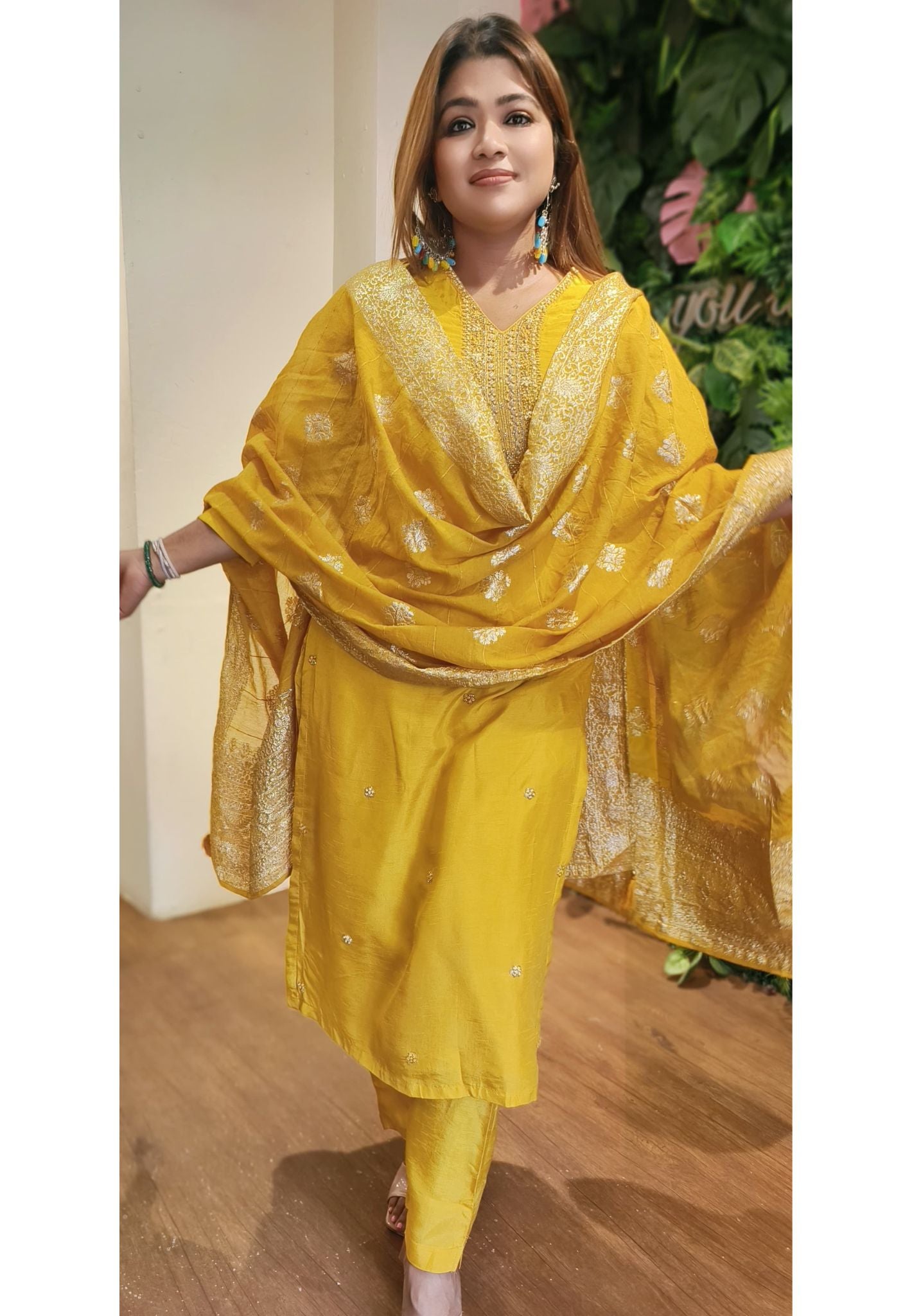 Beautiful Silk Yellow Pearl Embroidered V- Neck Silk Full Set With Heavy Brocade Dupatta 04528