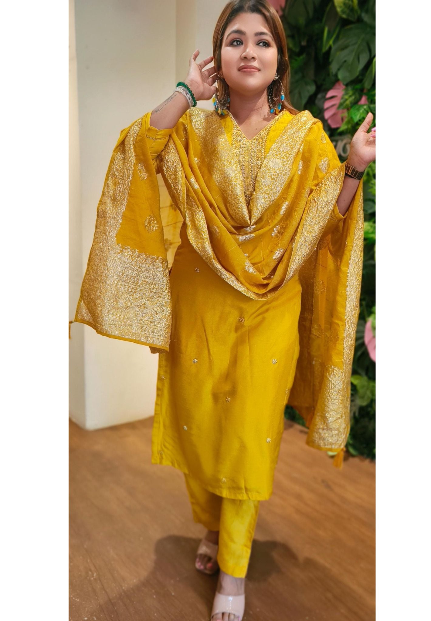 Beautiful Silk Yellow Pearl Embroidered V- Neck Silk Full Set With Heavy Brocade Dupatta 04528