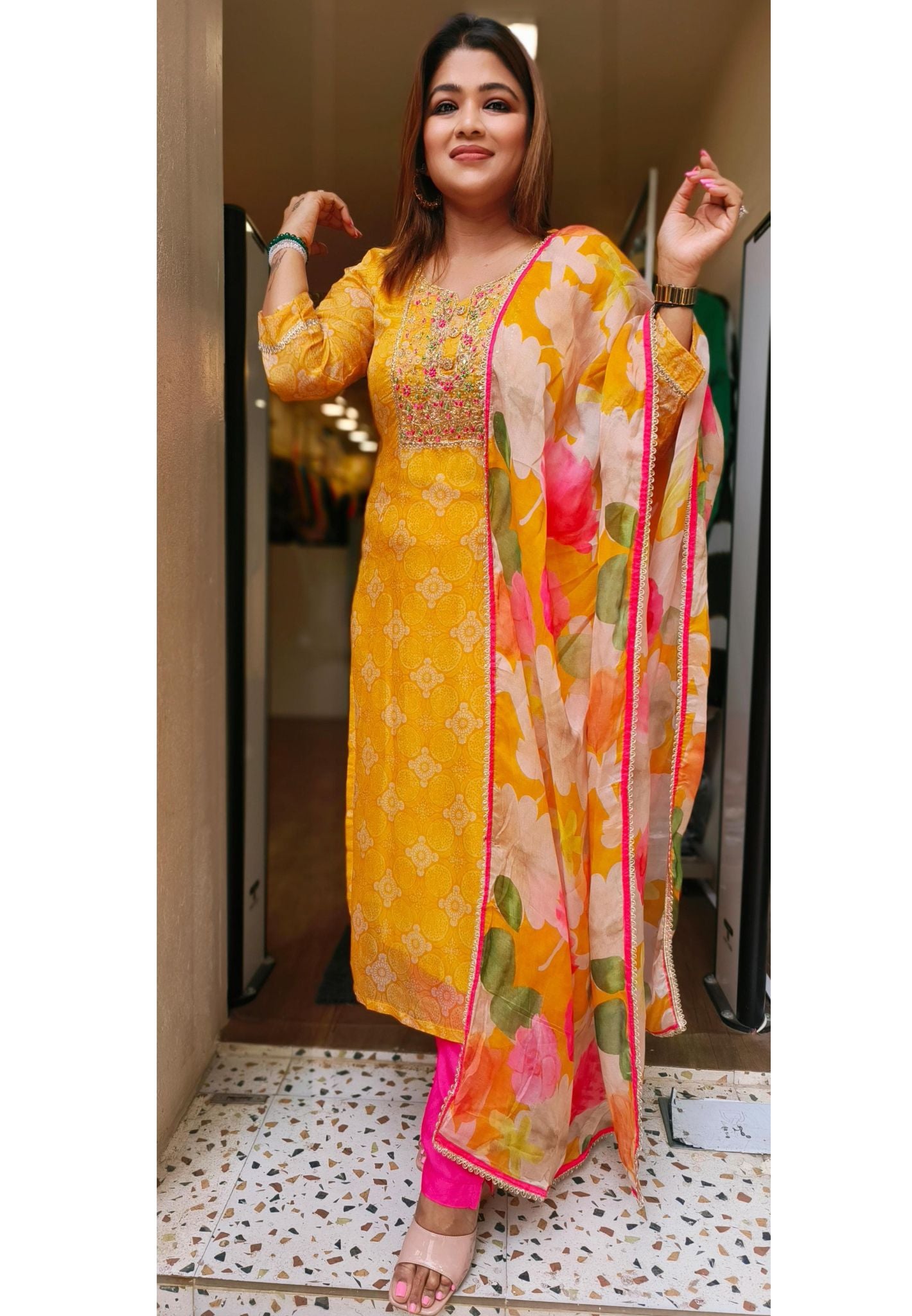 Beautiful Yellow Embroidered Round Neck Full Suit Set With Heavy Dupatta