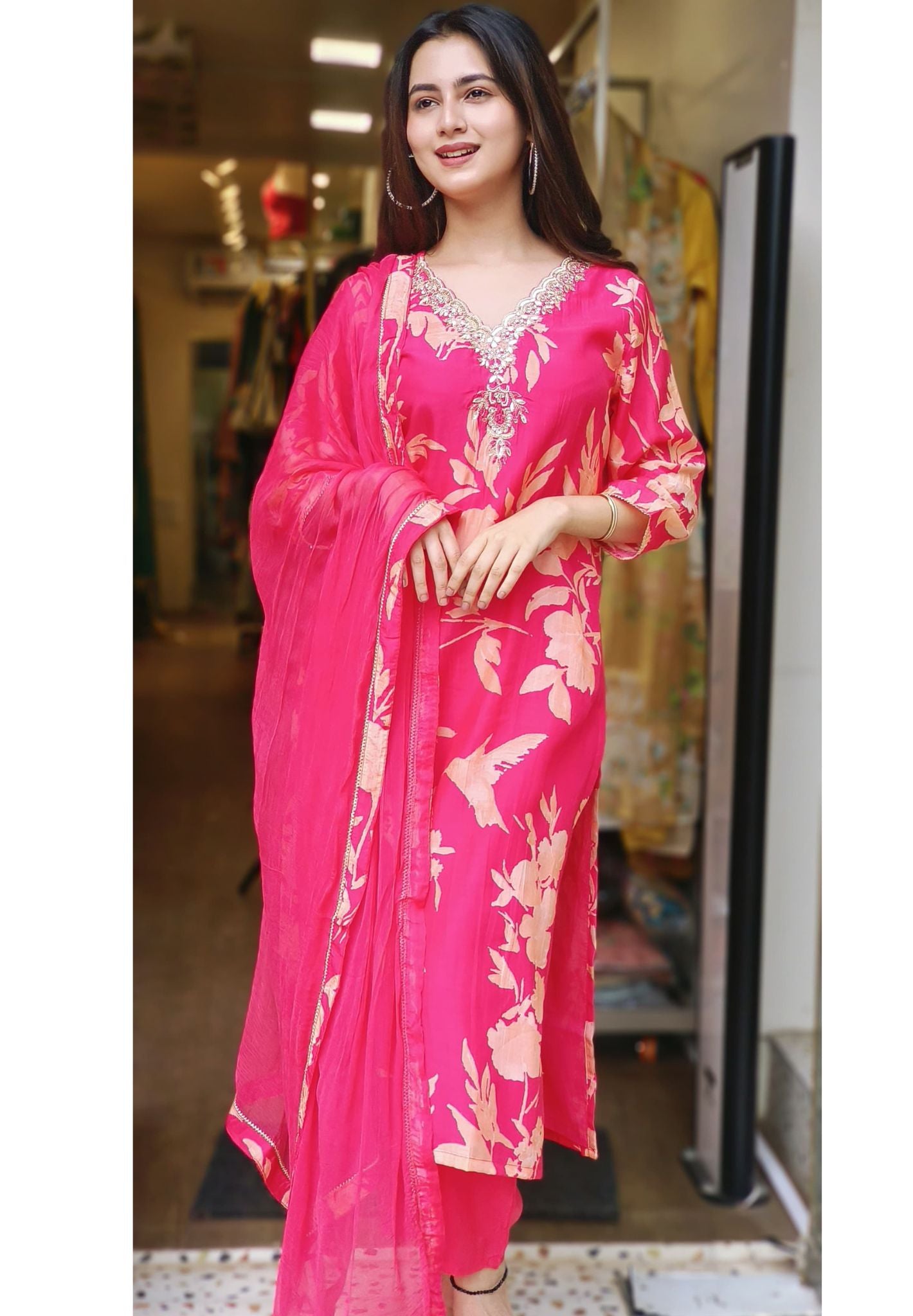Pearl Embroidered Beautiful Pink Muslin Floral Full Suit Set of 3-04453
