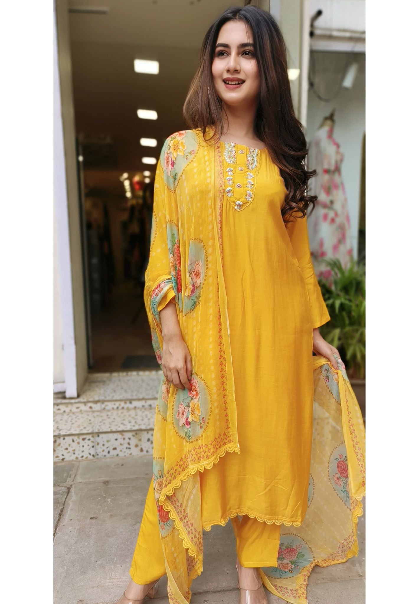 Embroidered Mango Yellow Muslin Full Suit Set With Floral Chiffon Dupatta-04498
